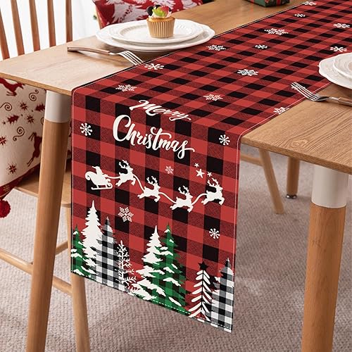 Miniatura 10 de Bonhause Camino de mesa de árboles de Navidad de búfalo a cuadros, 13 x 90 pulgadas, copos de nieve, ciervos, temporada de invierno, vacaciones,