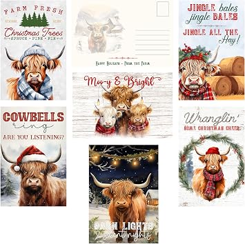 Cowbells Ring Are You Listening? - Highland Cows - Christmas Holiday Farm Animal Themed Post Card Assortment 24 included Greeting Mutipack Bulk Lot Stamp Postcards for Mailing - Barn Lights and Silent Nights