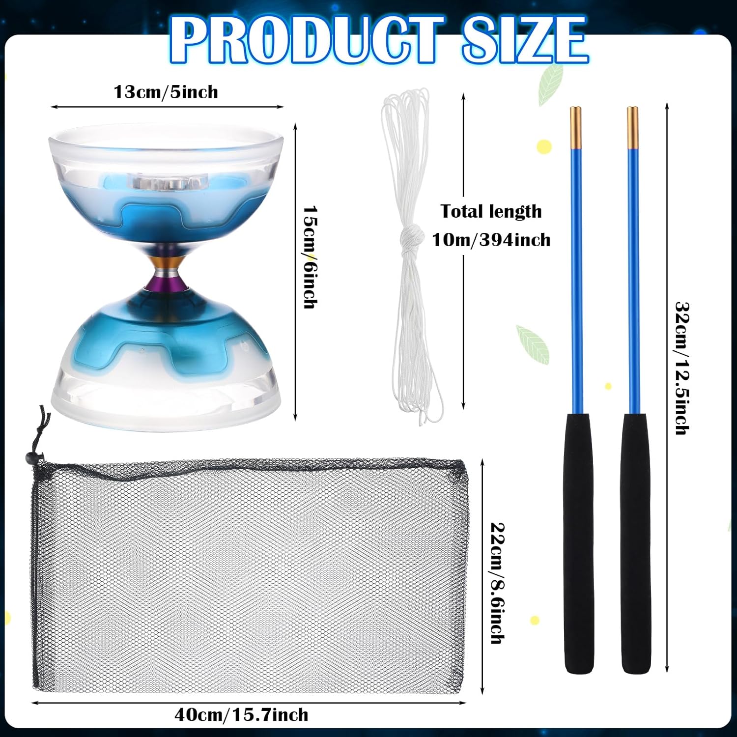 Chinese Yoyo Diabolo Set Includes 5 Inch Colorful LED Diabolo Toy Light Up with 2 Pieces Diabolo Sticks, 1 Piece Diabolo String and 1 Piece Net Bag for Fun(Blue)
