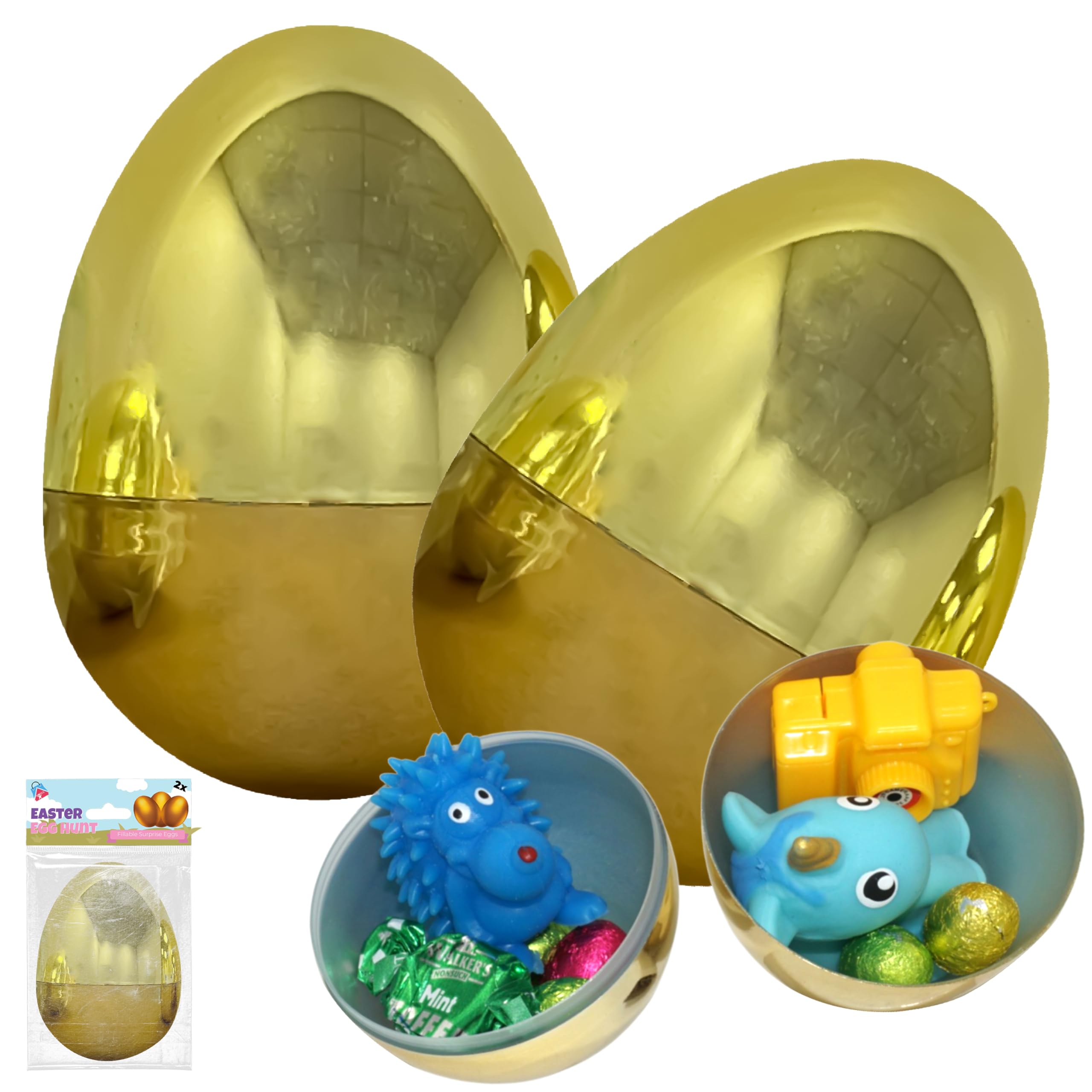 2x Easter Fillable Golden Jumbo Egg, 10cm Large Plastic Surprise Easter Egg for Filling Candies Chocolate Toys and Surprises