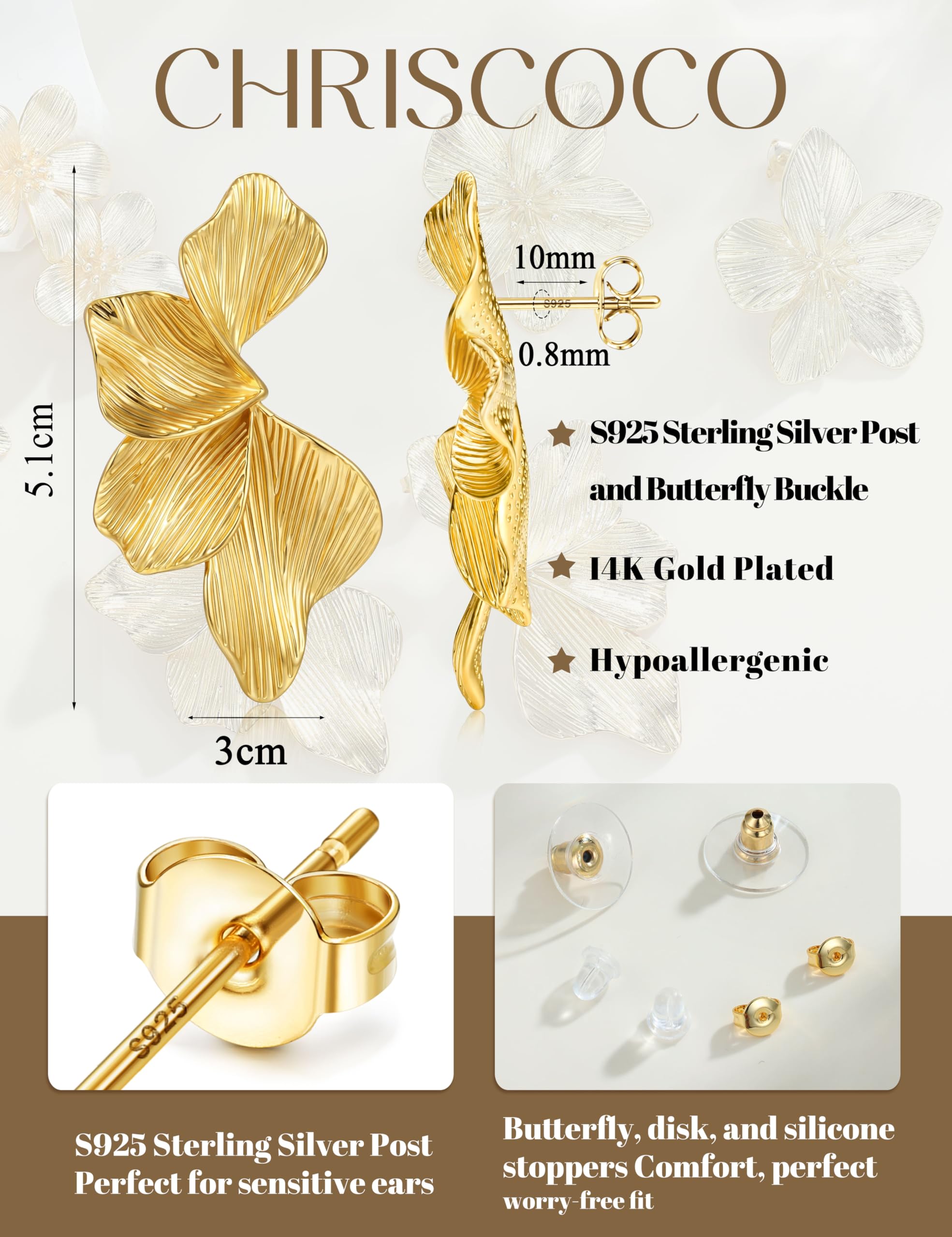 Pendientes de Plata de Ley 925 con Forma de Flor para Mujer