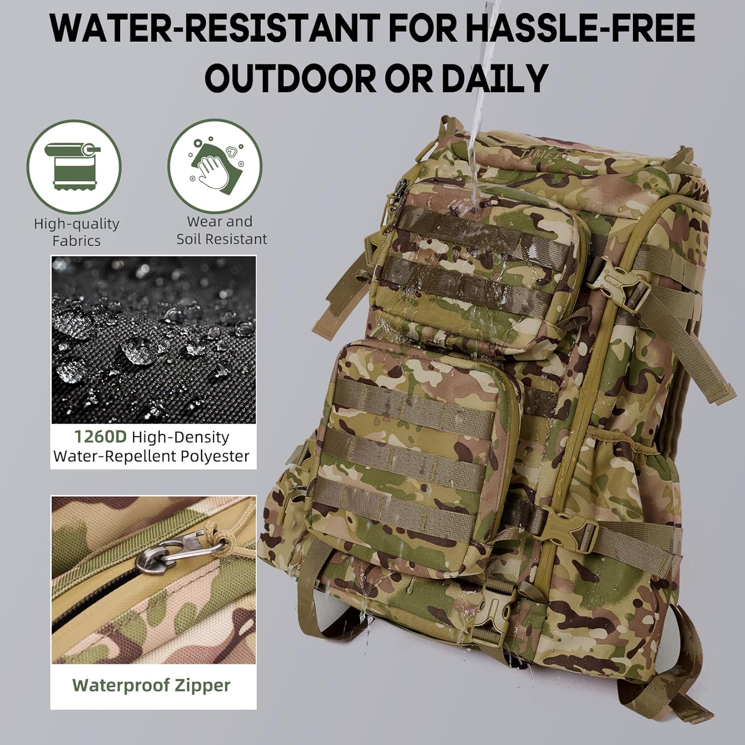 Timeet Tactical Backpack 45L for Men, Military Backpack 3 Day Assault Pack with U-Shaped Wide Opening, Water-Resistant Hiking Backpack for Travel Camping Survival Molle System (Camouflage, 20 Inch)