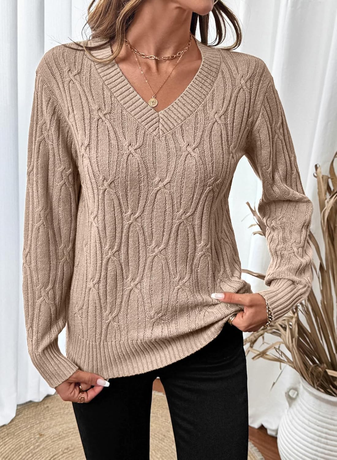 SHEWIN Womens Sweaters Casual V Neck Long Sleeve Cable Knit Crochet Sweater Spring Outfits for Women 2026 - Image 8