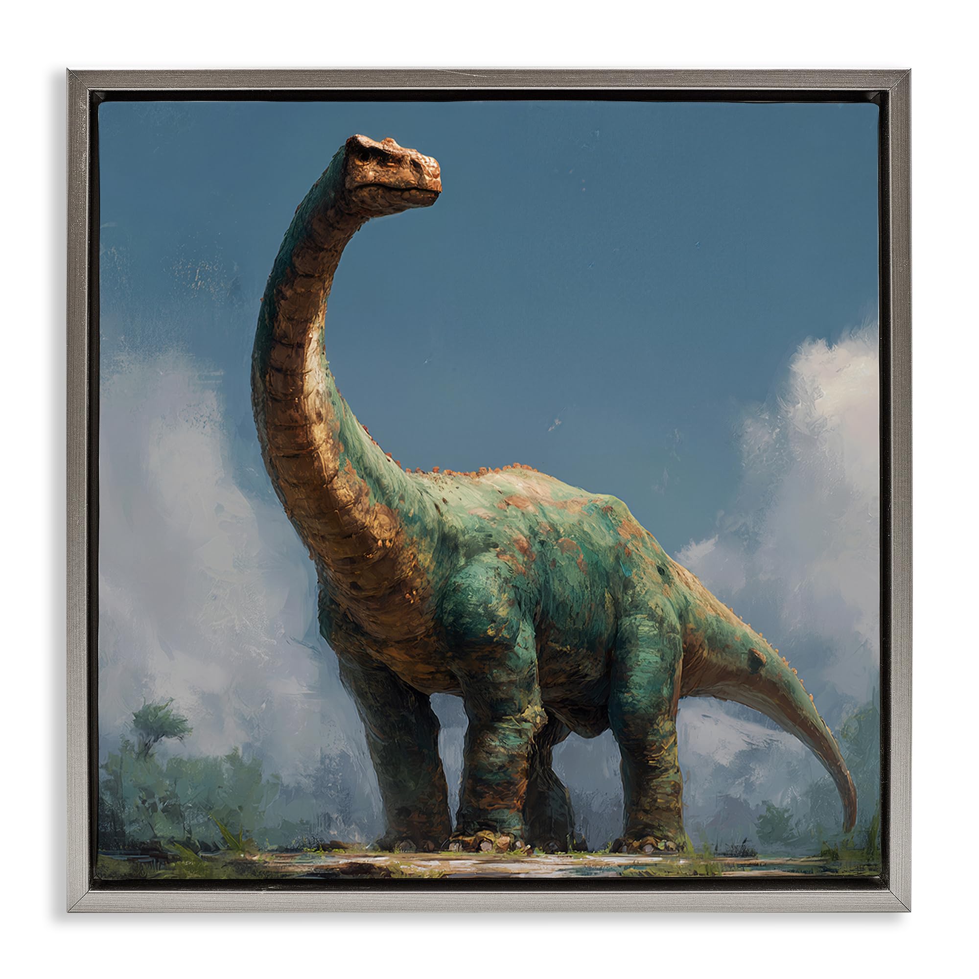 Stupell Industries Luster Gray (Matte) 'Colossal Brontosaurus In Meadow'| Floating Frame Canvas Art