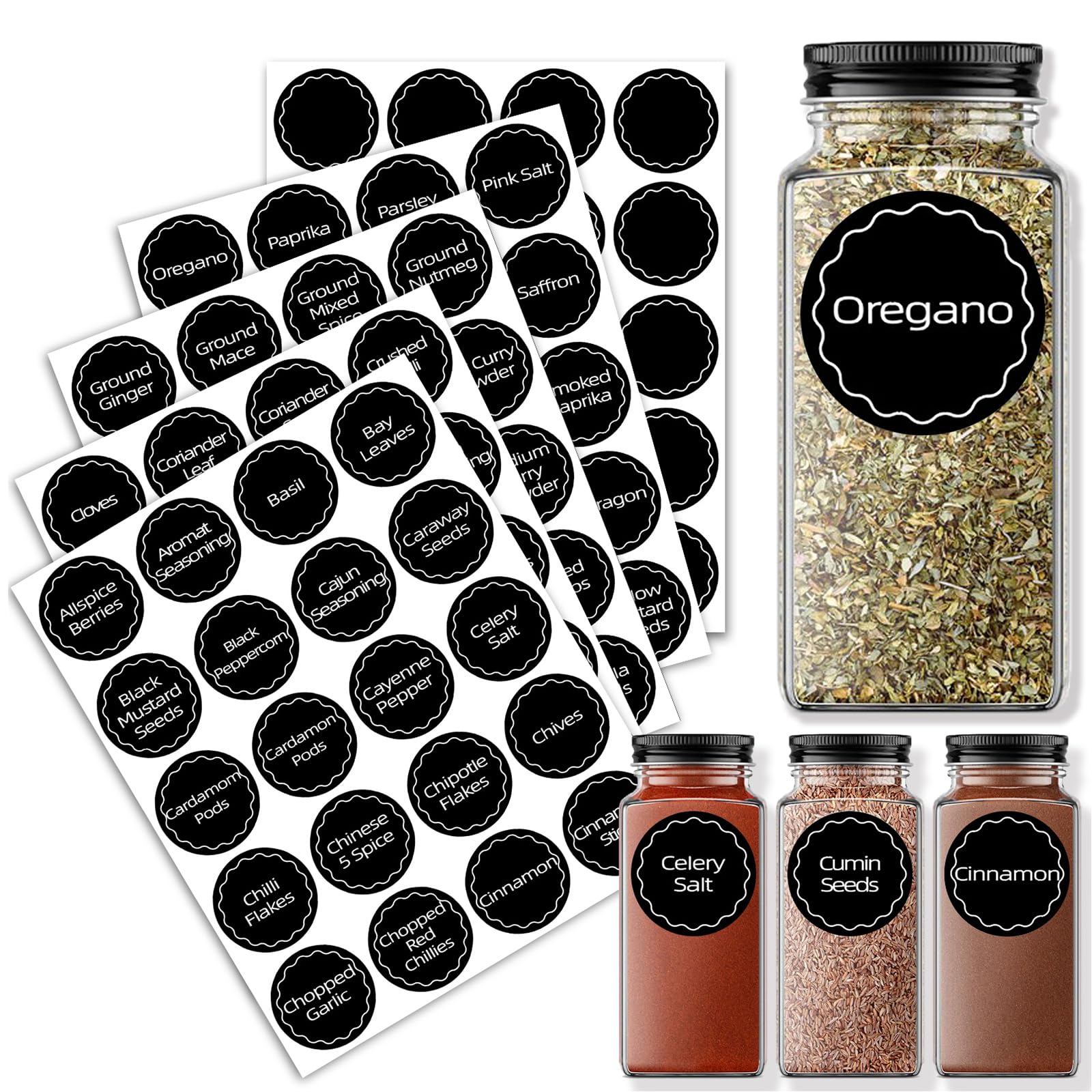 Spice Labels for Jars, Pre Printed Waterproof Self Adhesive Stickers for Kitchen Organization and Pantry Storage, Washable Reusable Tear-Proof Black Seasoning Sticker, 80 Pcs + 20 Free Blank Labels