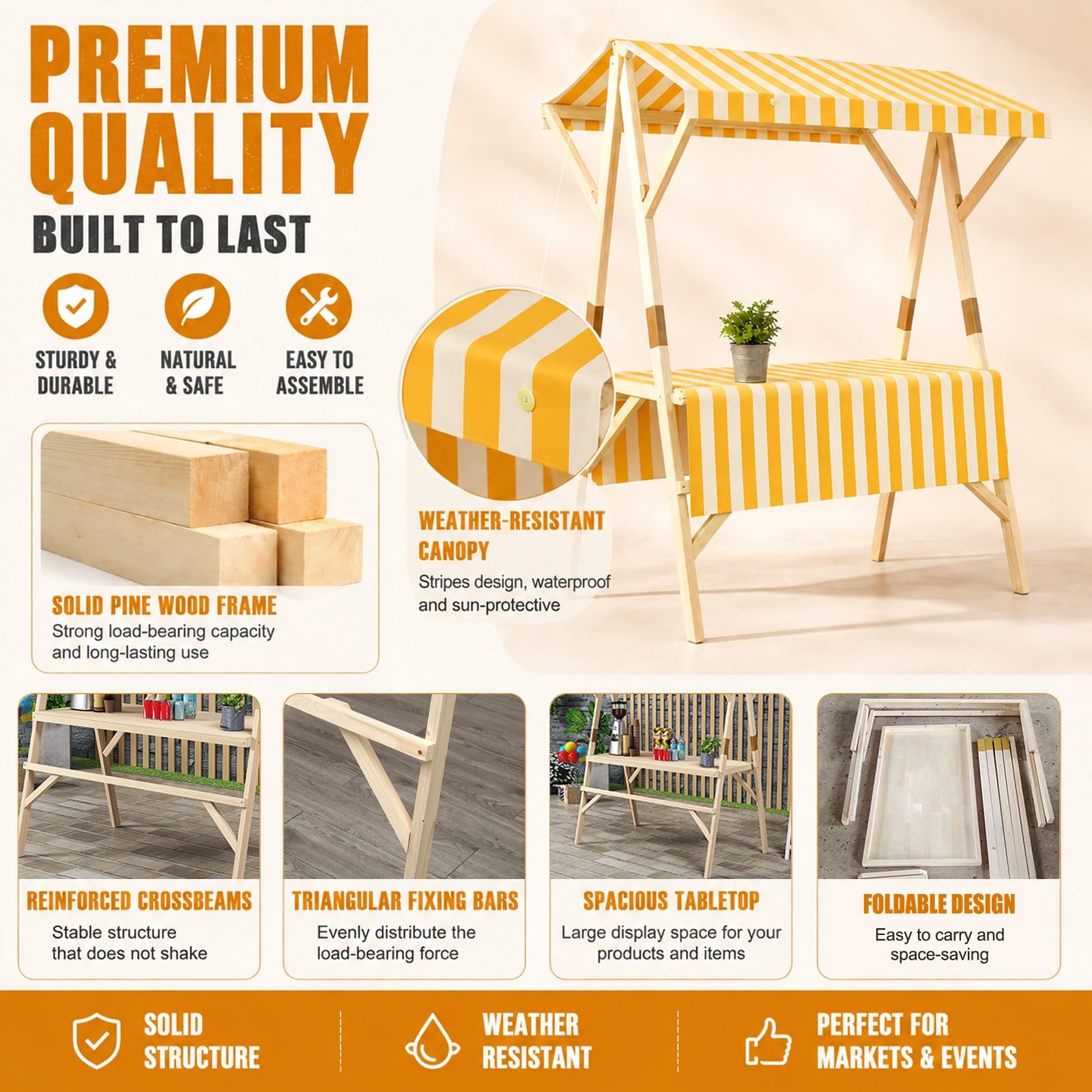 HARELA Genérico Puesto De Mercado con Toldo, Carrito de Comida callejera de Madera, Puestos Plegables, para Venta De Alimentos, Puestos Callejeros, Ferias De Artesanía(Green B,150cm/59in)