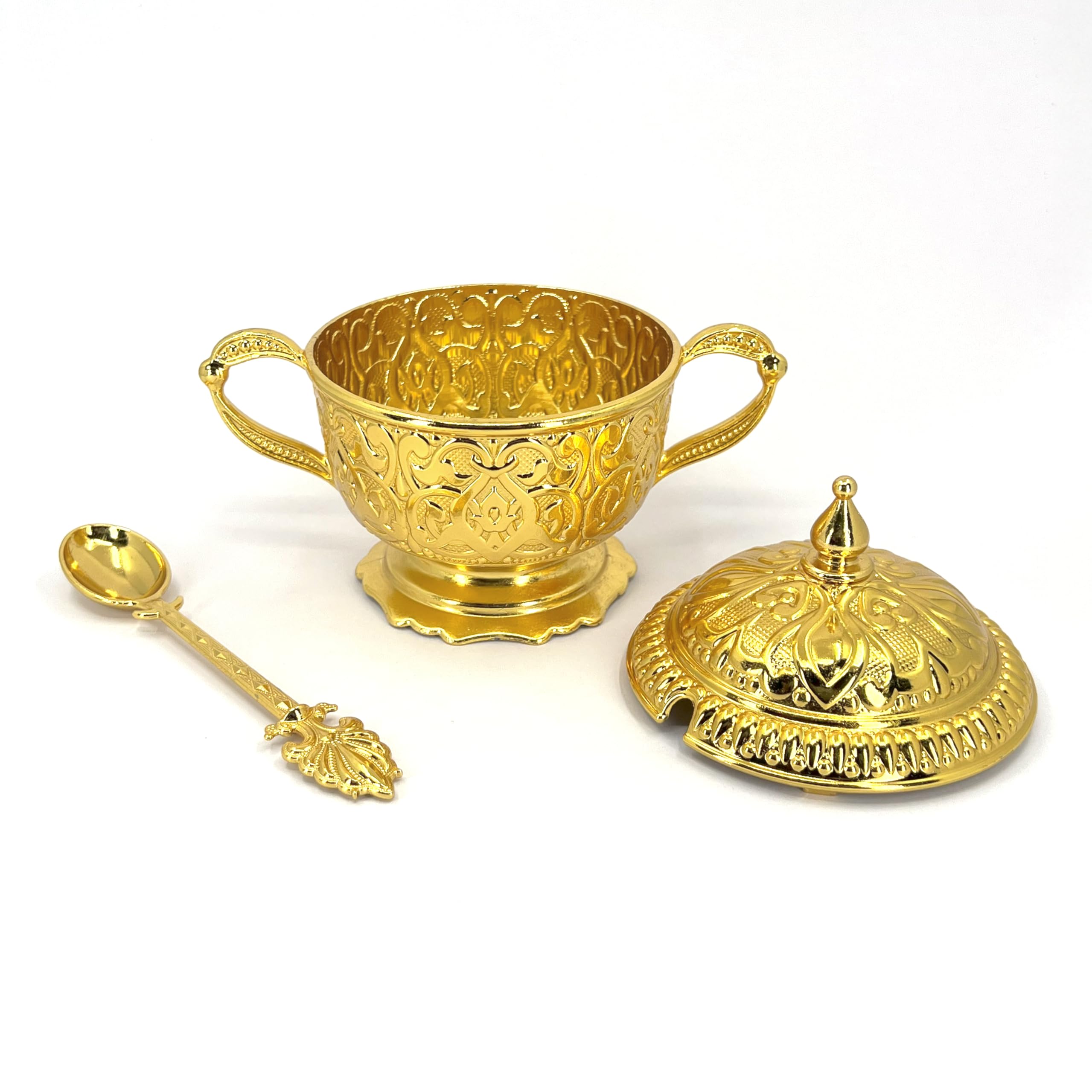 6 oz Embossed Metal Sugar Bowl with Lid and Spoon – Decorative Sugar Bowl with Lid, Cereal Bowl, Spice Jar Canister, and Sugar Jar with Spoon for Coffee Bar (Gold)