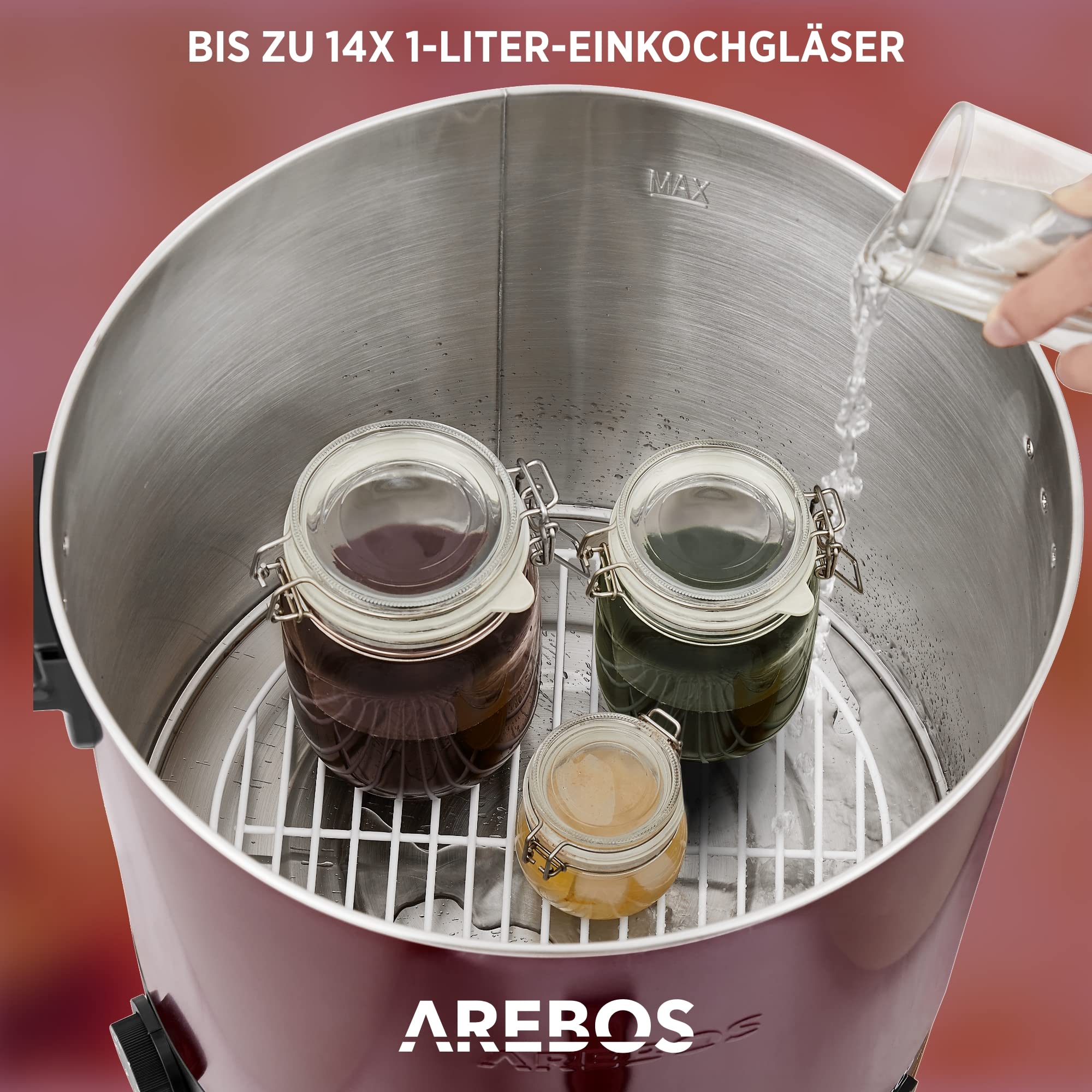 Arebos Einkochautomat 1800 W | Einkochtopf 28 L | mit Timer, Thermostat & Überhitzungsschutz | stufenlos einstellbar 30-110°C | Glühweinkocher | inkl. Einmachglasheber & Einmachtrichter | Rot