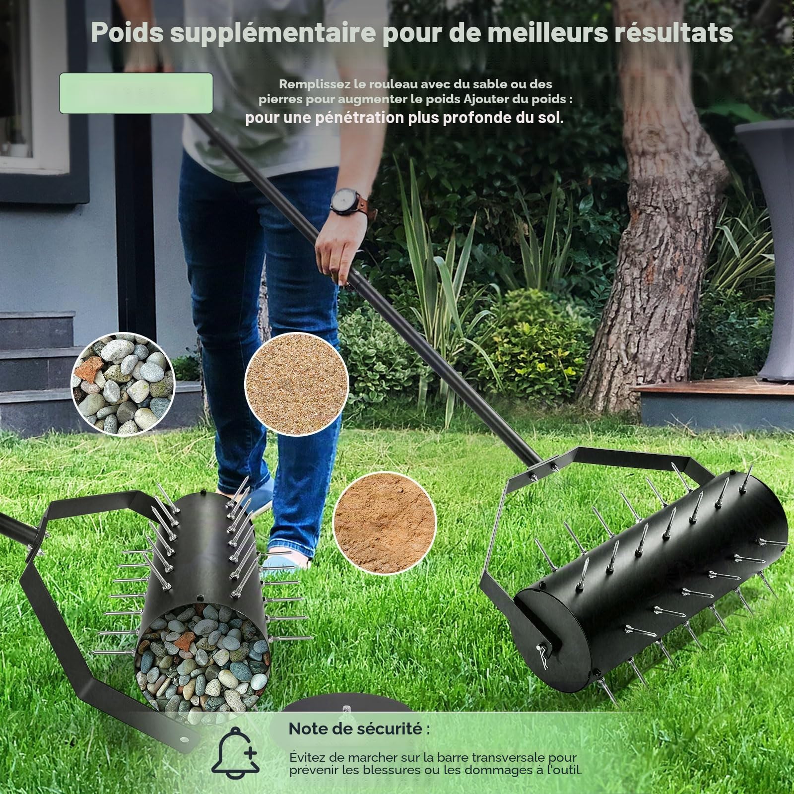 Aérateur de pelouse, manuel, aérateur de pelouse, rouleau de gazon avec 39 clous (6 cm) et manche, scarificateur manuel pour cours, surfaces de pelouse dans le jardin (44 cm x 141 cm/93,5 cm)