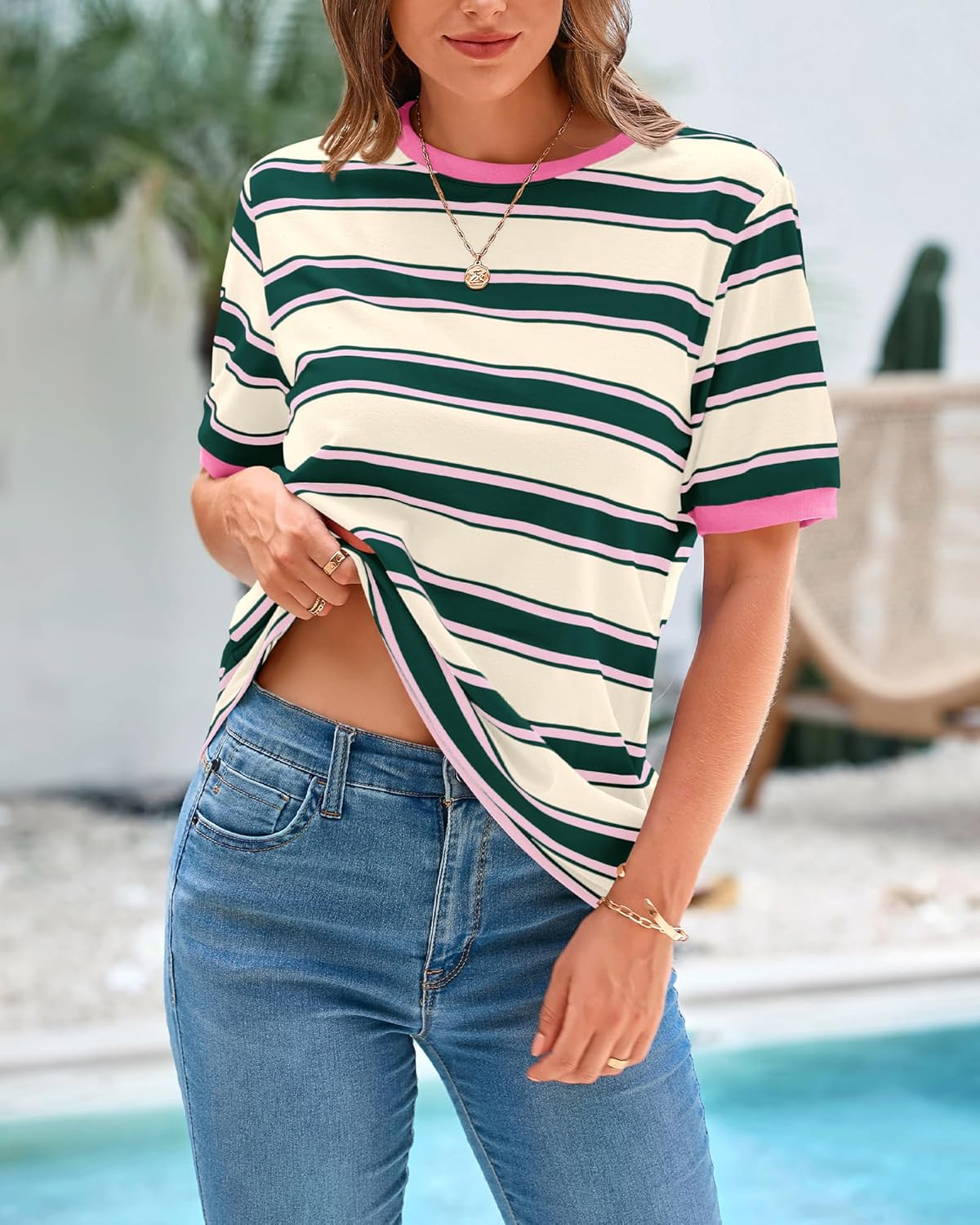 BTFBM Summer Tops for Women 2026 Crewneck Short Sleeve Striped T Shirts Casual Spring Clothes Color Block Basic Tee Blouses - Image 8