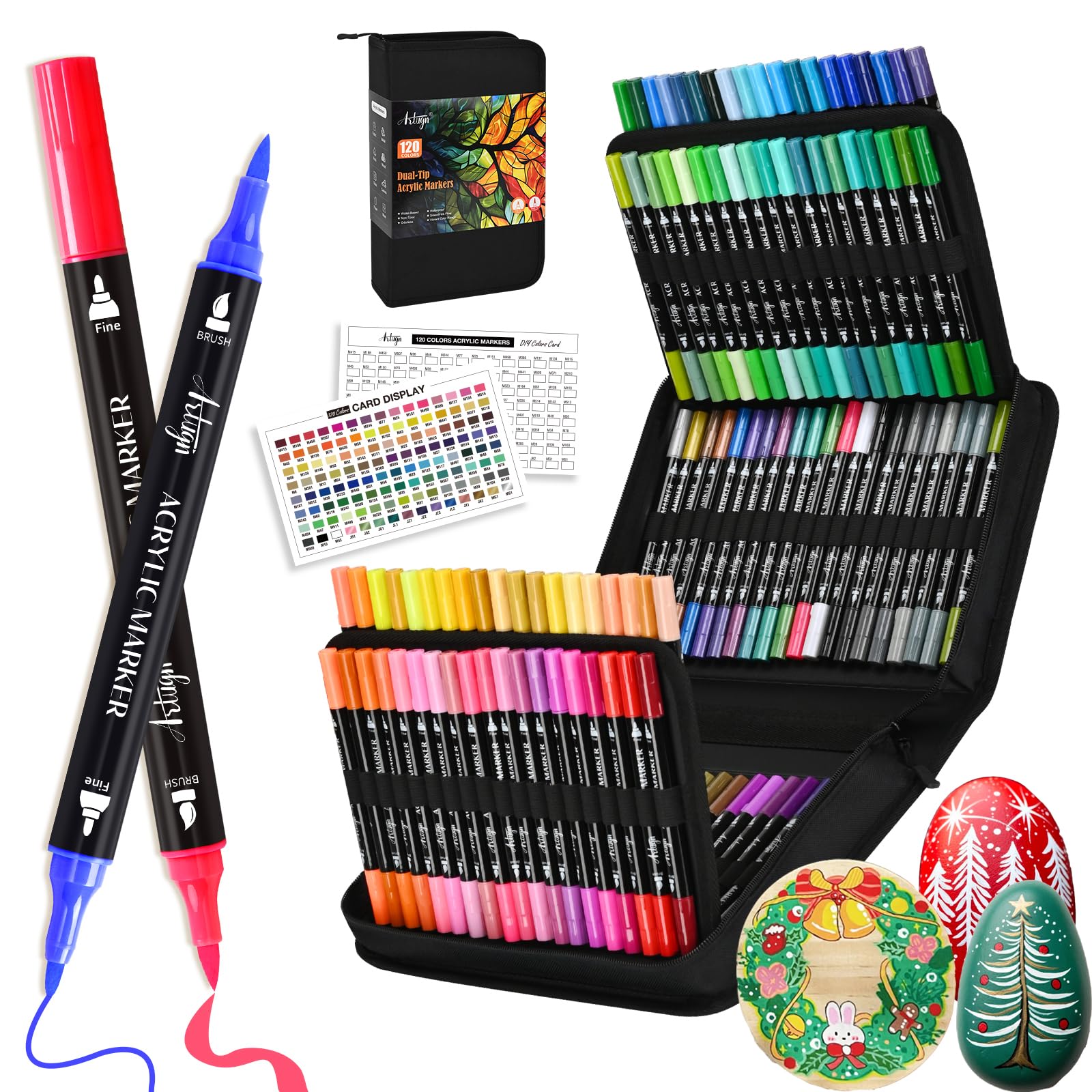 Artugn 120 Colors Acrylic Paint Pens, Dual Tip Markers With Fine Tip and Brush Tip for Rock Painting, Ceramic, Wood, Plastic, Calligraphy,