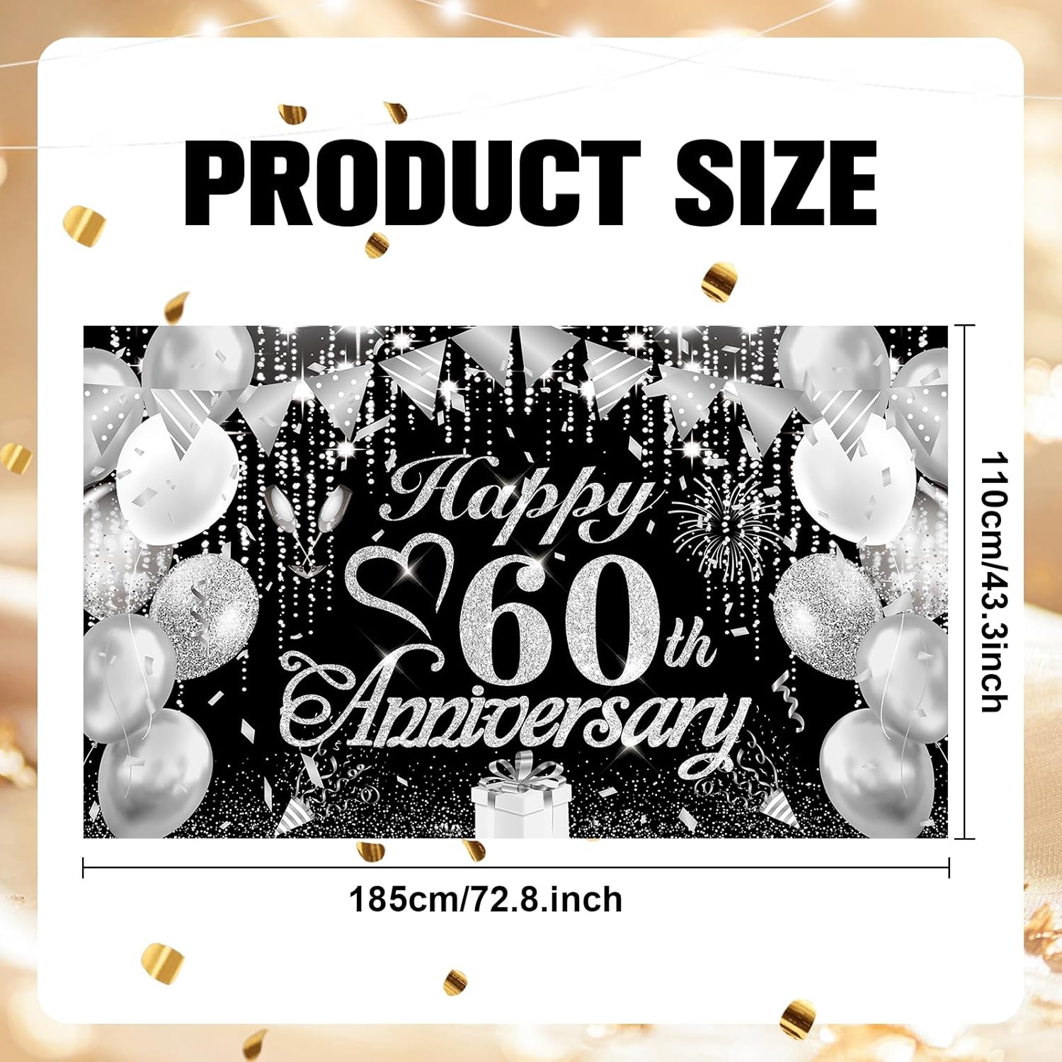 60th Anniversary Decorations Banner Black Silver 60th Diamond Wedding Anniversary Banner for Diamond Wedding Party Decorations 72.8x43.3'' - Image 4