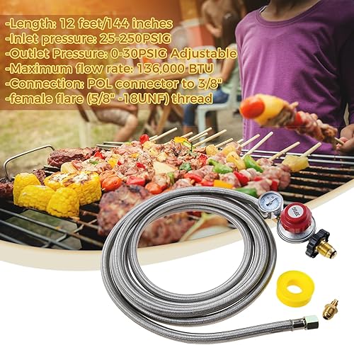 Miniatura 3 de Regulador de propano ajustable de alta presión de 12 pies 0-30PSI con manómetro, manguera trenzada de acero inoxidable con indicador de flujo de gas