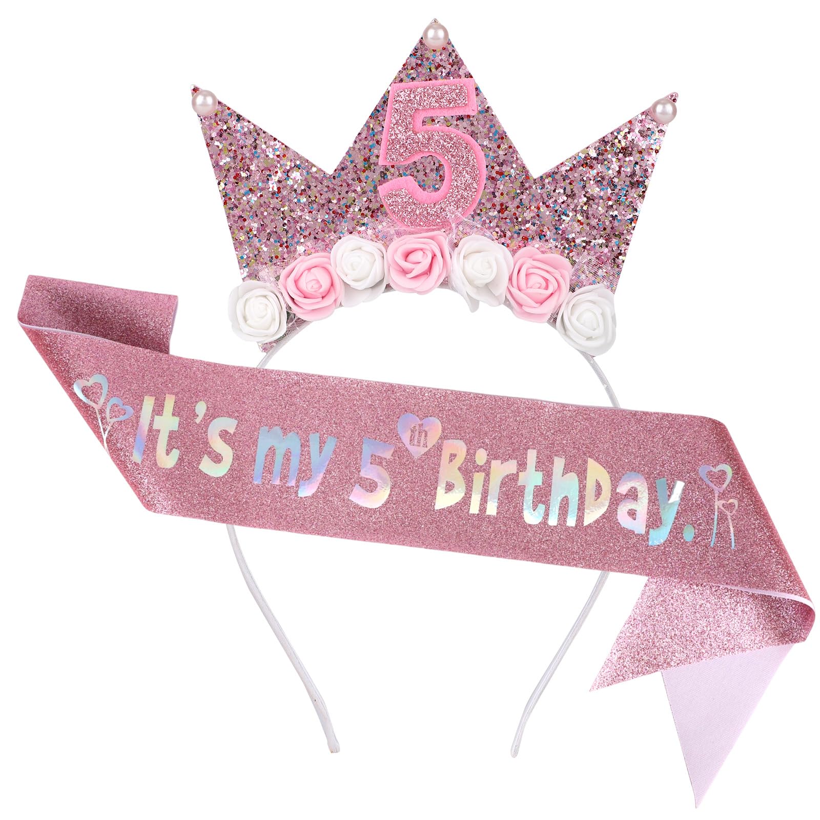 5th Birthday Sash and Crown for Girls, Glitter It's My 5th Birthday Sash & Flower 5 Headdress Headband Birthday Tiara Outfit Accessories for Five Year Old Party Decorations Photos Dress-Up (Pink)