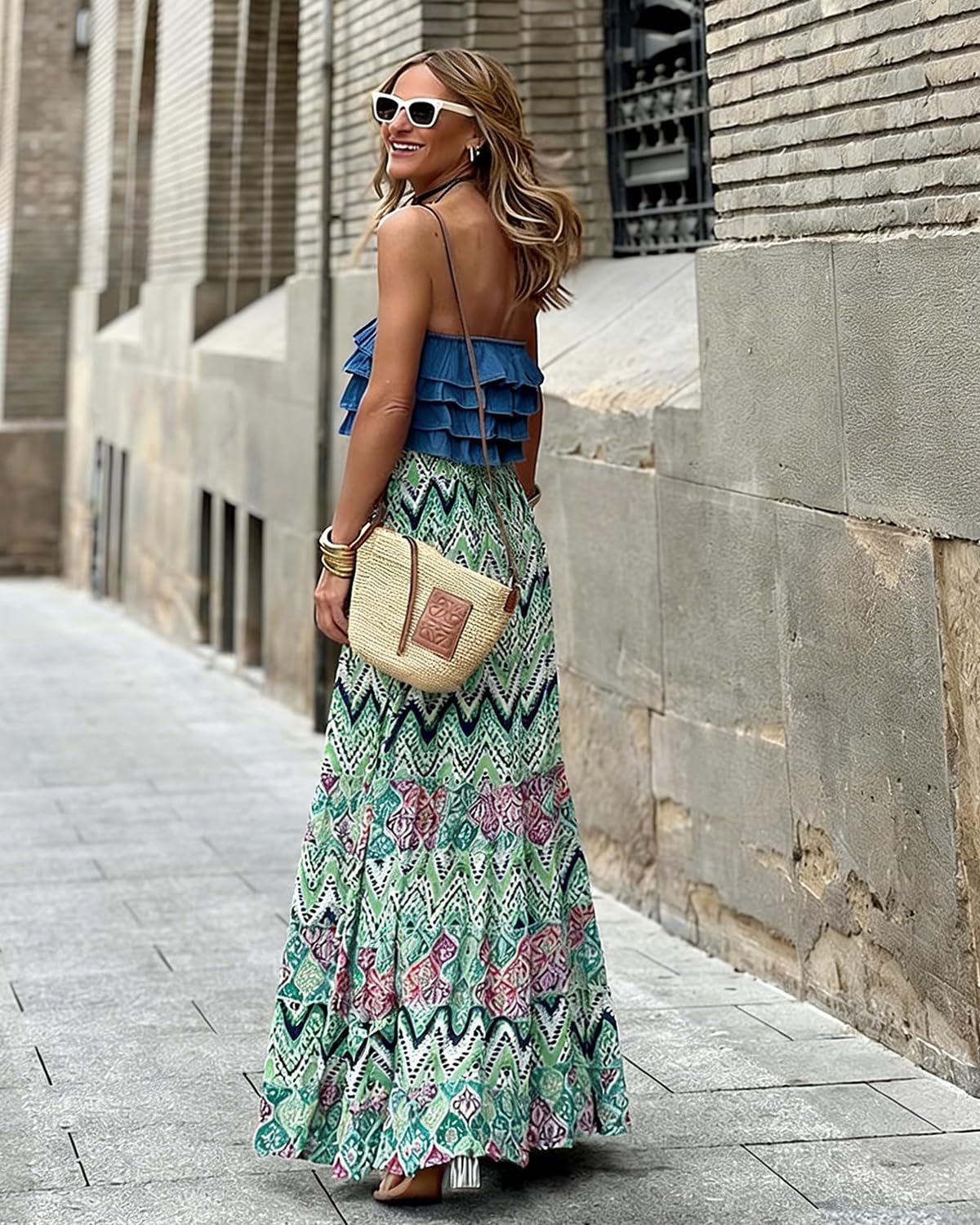 LIAMERHE Falda Larga Mujer Verano Boho Chic Falda Maxi de Cintura Alta Elástica Faldas Línea A Fluidas con Volantes Estampado Floral Estilo Gypsy Playa Vacaciones Vestidos de Playa