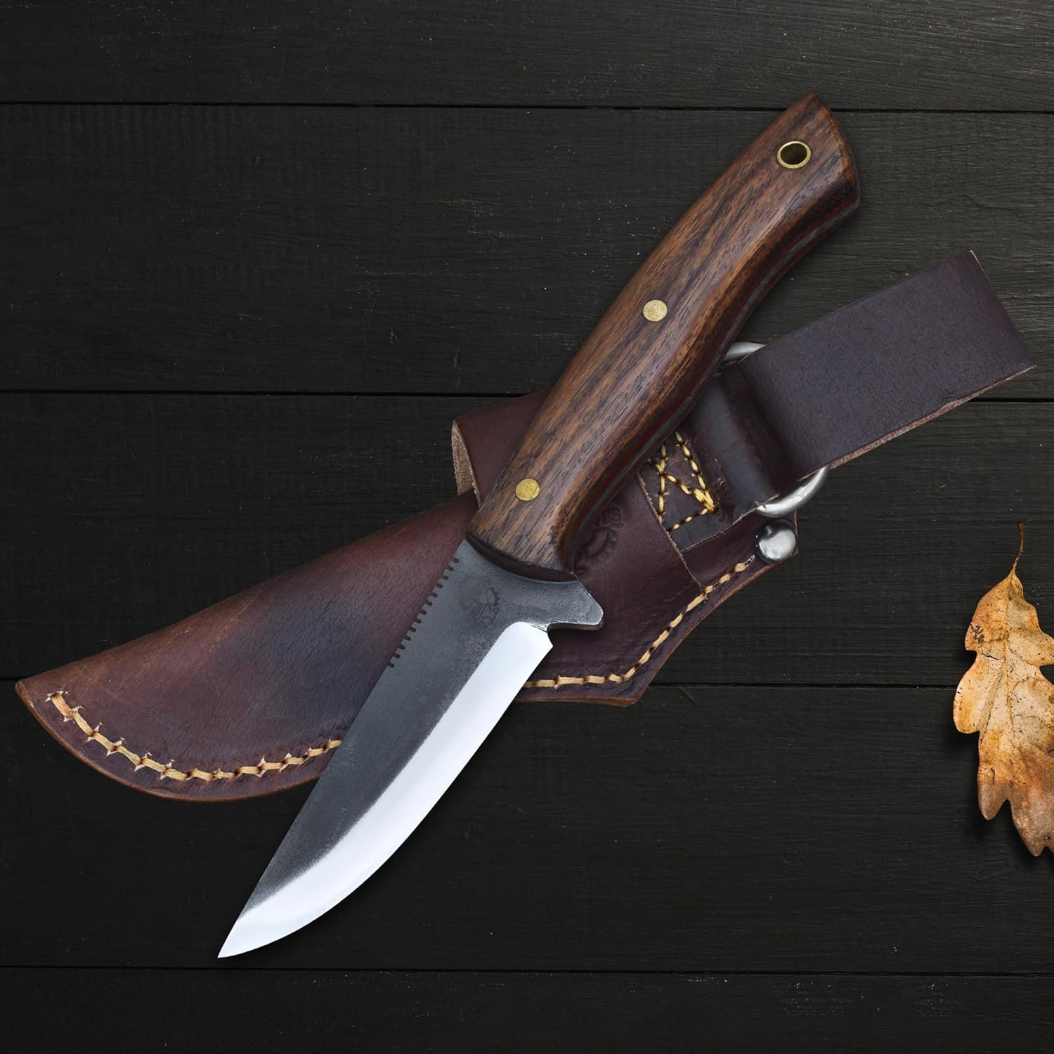 Knives Ranch Premium Bushcraft Camping Knife – Full Tang 440C Stainless Steel - Precision Vacuum Heat Treated 59 HRC - Fixed Blade Hunting Everyday Utility Knife - Rosewood Handle with Leather Sheath