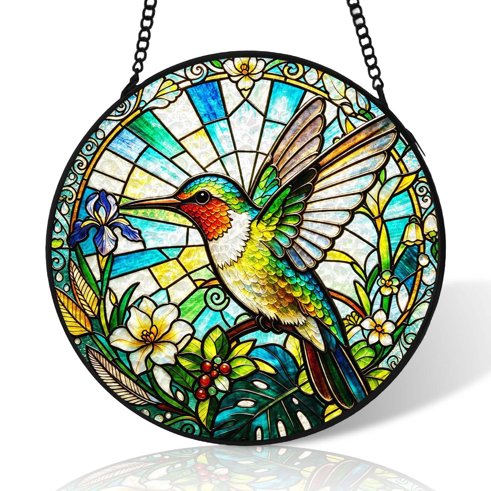 Colibrí de vidriera de 25 cm adorno de jardín con marco negro de alta resistencia