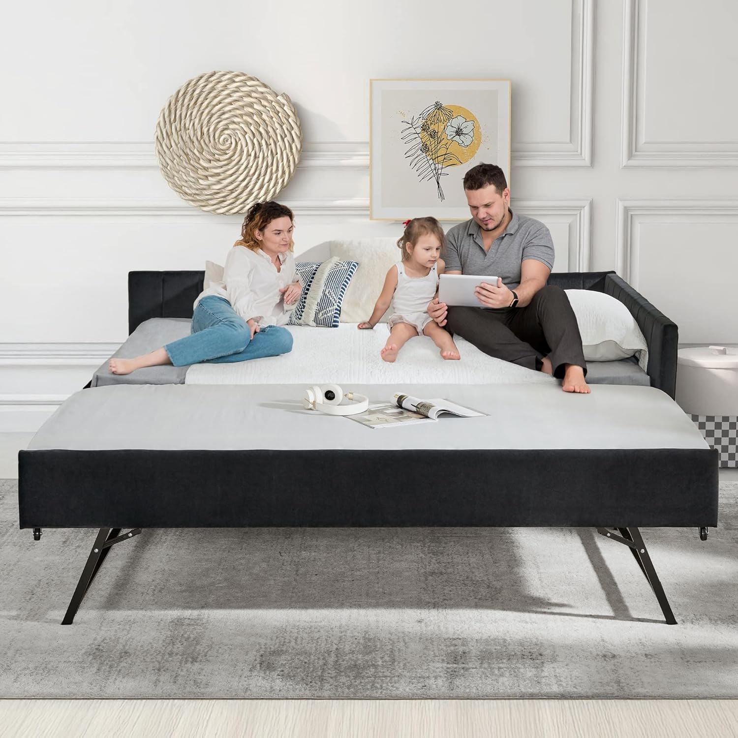 Full Corner Bed Frame with Trundle, Upholstered Tufted Daybed Full Size Sofa Bed for Living Room, Bedroom, No Box Spring Needed (Black)