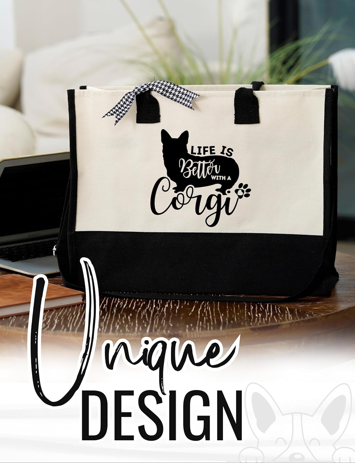 InnoBeta Corgi Gifts, Canvas Tote Bag with Top Zipper Closure and Shoulder Strap for Birthday, Christmas and Every Special Occasion - Image 3