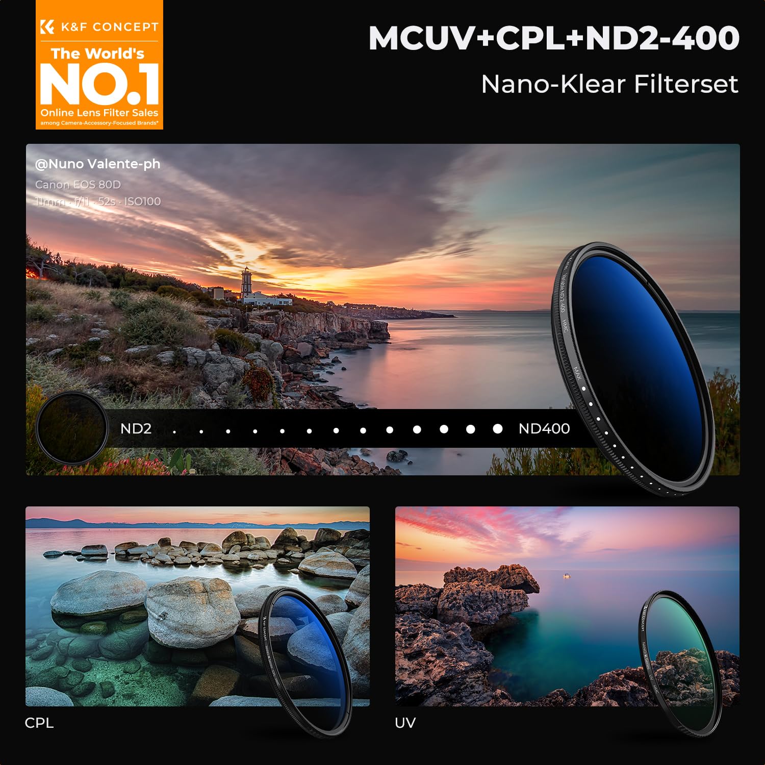K&F CONCEPT Filtersets 62mm Variabler ND2-400 Filter(1-9 Blendenstufen)+ Polfilter (CPL)+UV Filter（Nano Klear-Serie）