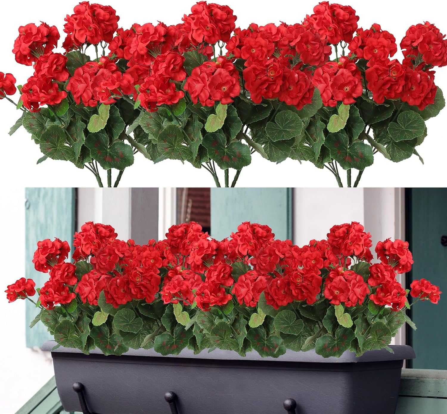 3 Pack Artificial Geranium Fake Flowers for Outdoors Decoration, Outdoor Spring UV Resistant Fake Silk Geranium Flowers No Fade Faux for Outdoors Porch Garden Window Box Home Decor (Red)