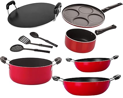 Nirlon Non-Stick Aluminium Cookware Set Offer -Gas Friendly - 9-Piece [26_KD12_KD13_SPB_RT_Cass20_UP4_3SPN]