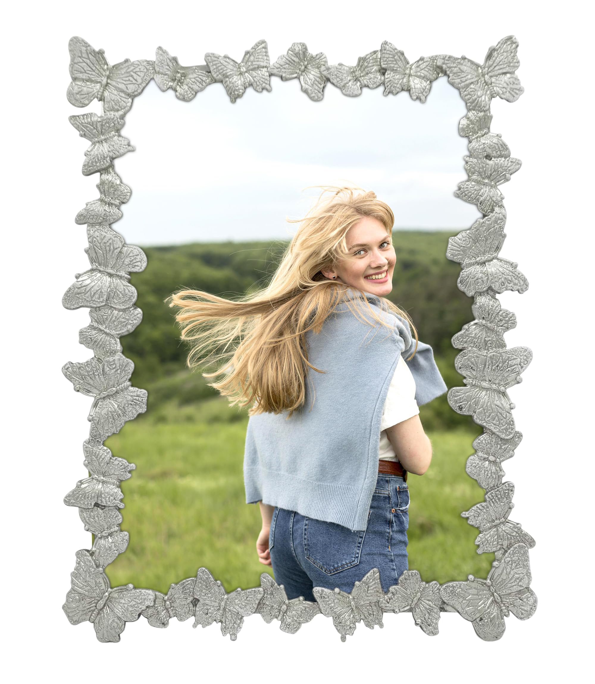 Silver Butterfly Photo Frame / 5x7 In | For Vertical and Horizontal Display on Tabletops | Perfect for Home Decor, Wedding, Vacation, Graduation, Or Any Milestone Photos