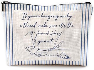 Blue Christian Makeup Bag with Zipper, Christian Gifts for Women Faith, Matthew 9:20-22 Striped Religious Bible Small Cosmetic Travel Toiletry Bag Zipper Makeup Pouch