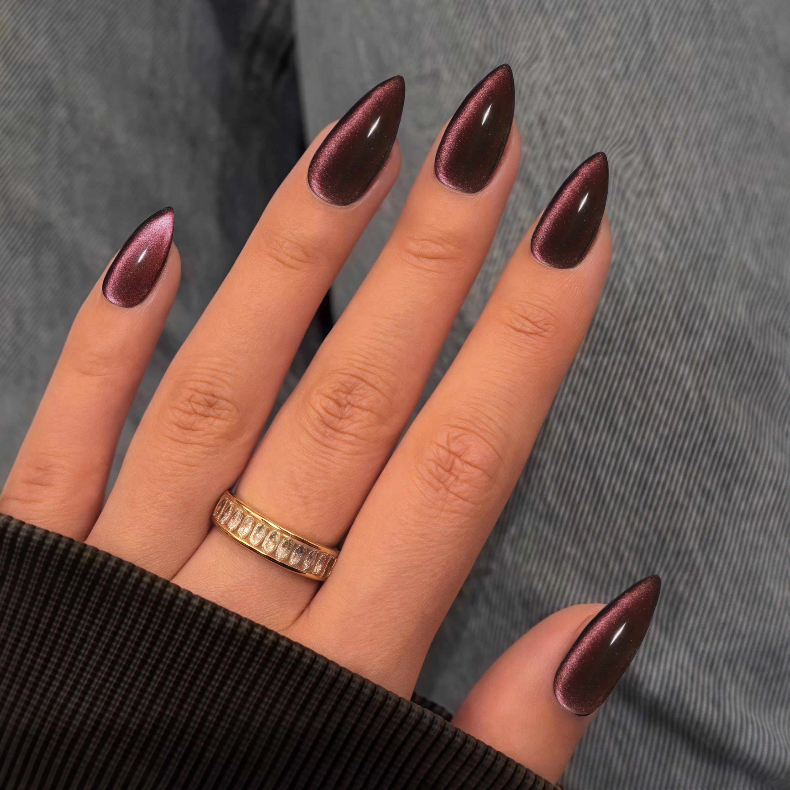 KQueenest Cat Eye Press on Nails Almond Medium, Glazed Glitter Black Pink False Nails Medium