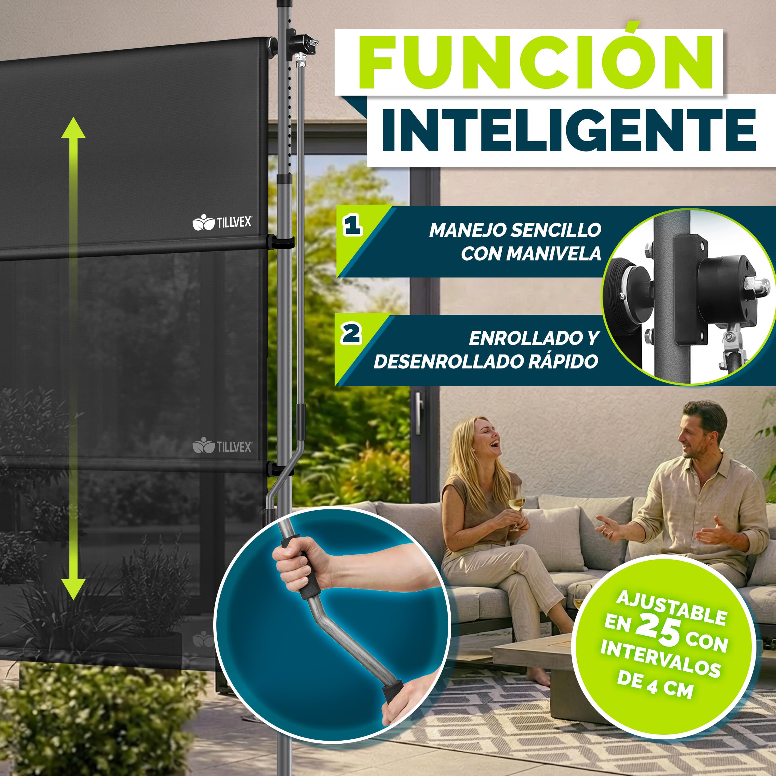 Tillvex® Toldo vertical antracita con manivela, protección visual extensible y opaca, 100 x 310 cm, para balcón, terraza, jardín