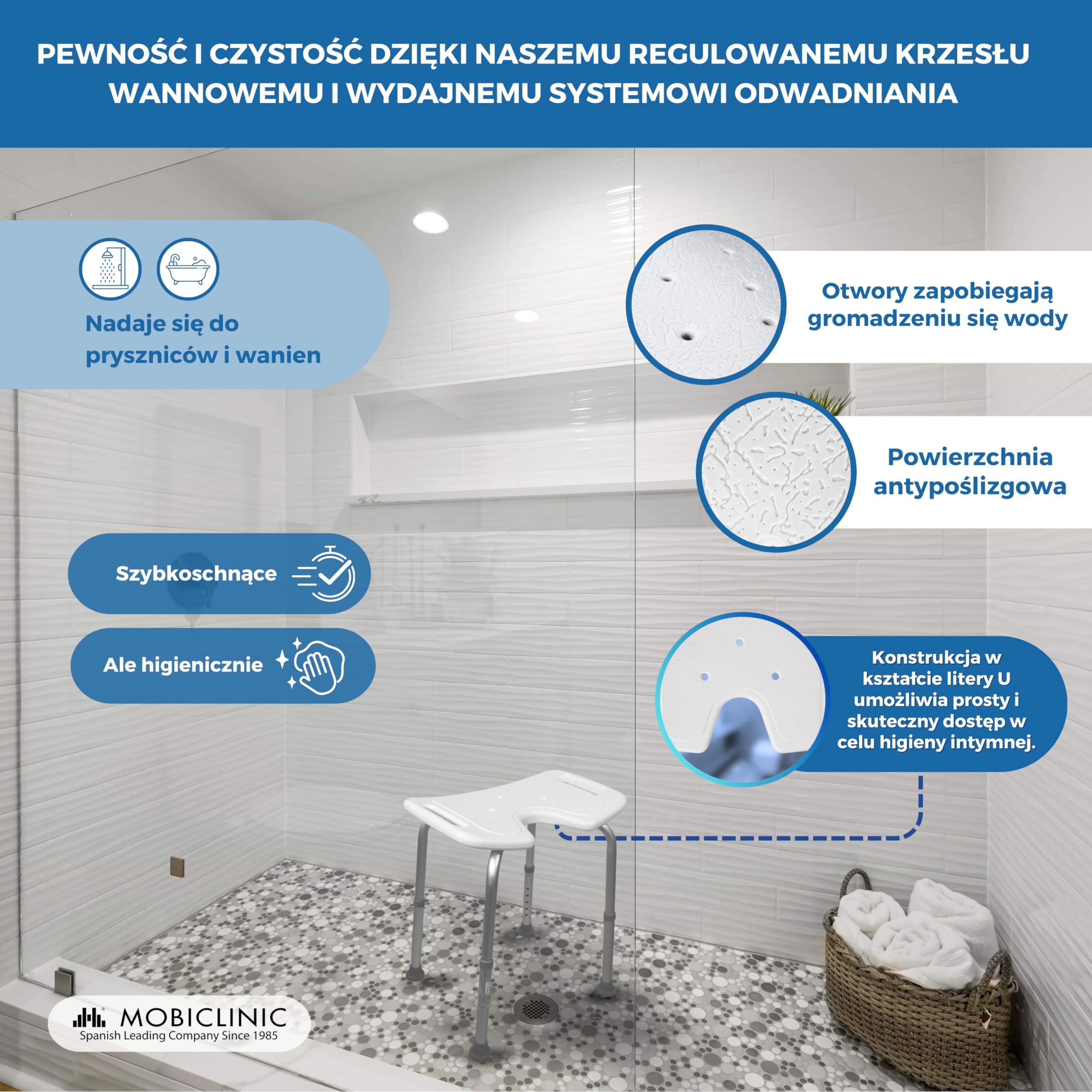 Ławka łazienkowa | Regulowana wysokość | Siedzisko w kształcie litery U | Podkładki antypoślizgowe | Bahía | Mobiclinic