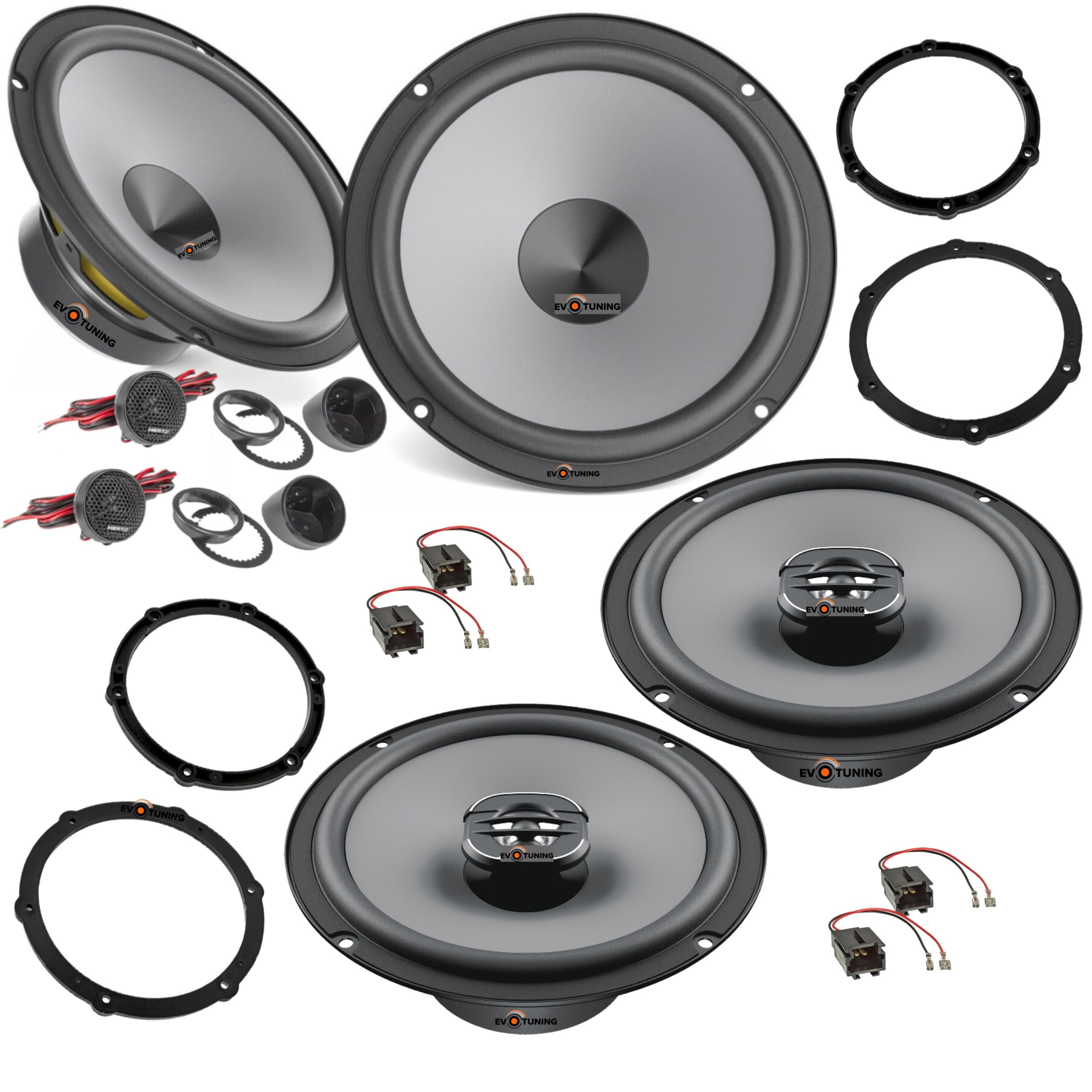 Kit 6 Casse Altoparlanti Anteriori e Posteriori per Peugeot 208, compatibile con Hertz K 165 + X 165, Set 2 Woofer 165 + 2 Tweeter + 2 Coassiali 16,5 cm + 4 Anelli e Cavi Adattatori