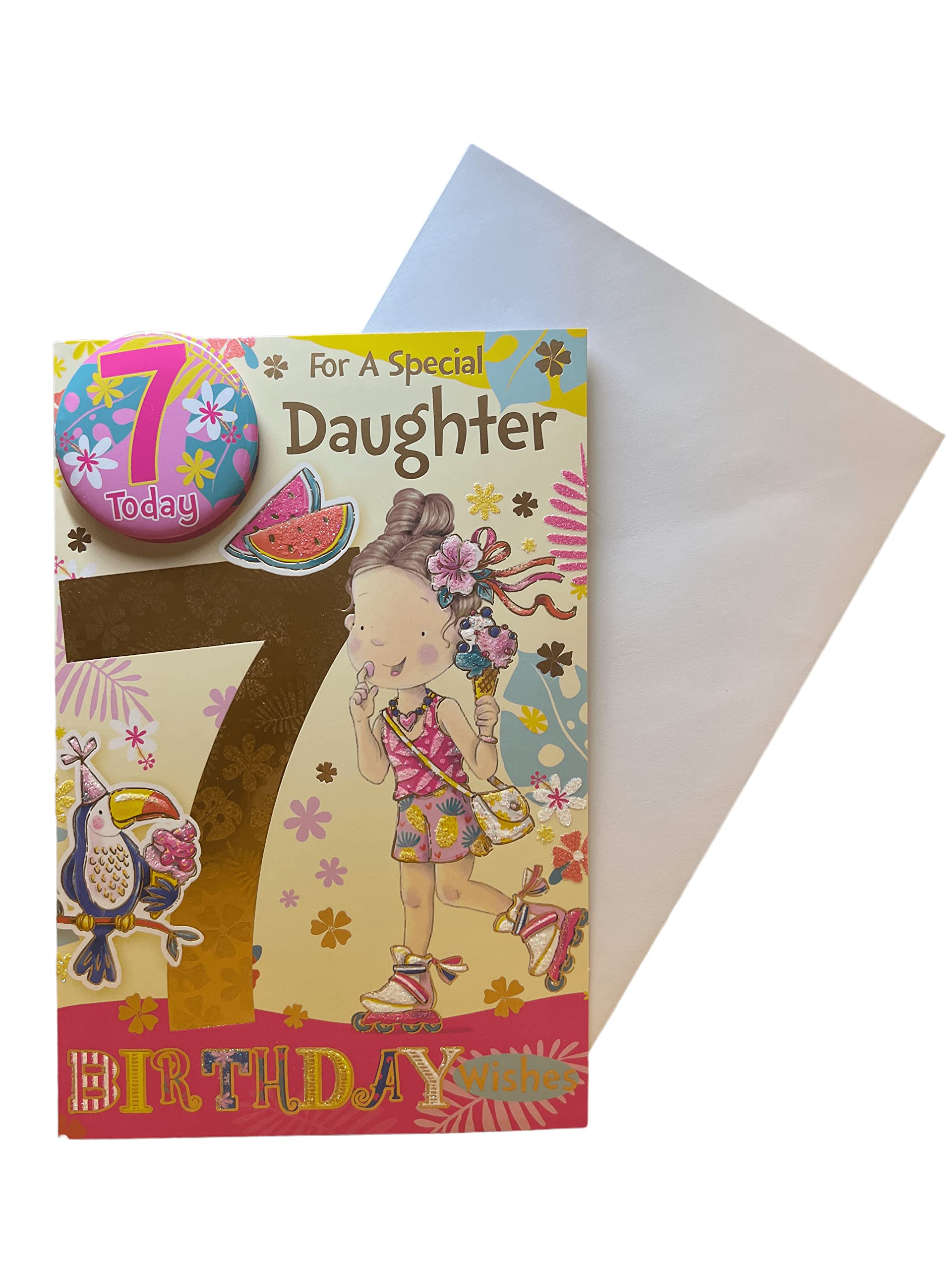 Happy 7th Birthday Card Special Daughter Girl Ice Cream Badge Fun Colourful