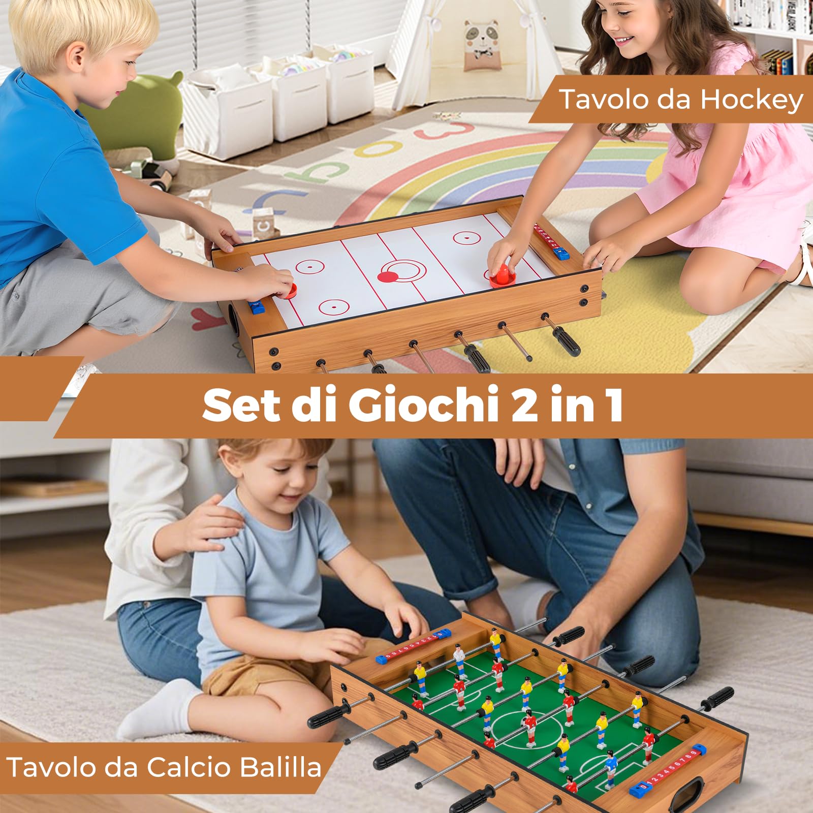 RELAX4LIFE 2 in 1 Tavolo Multigioco per Bambini in Legno, Calcio Balilla e Air Hockey da Tavolo per Tutta la Famiglia, per Bambini e Adulti, 69 x 36 x 10 cm
