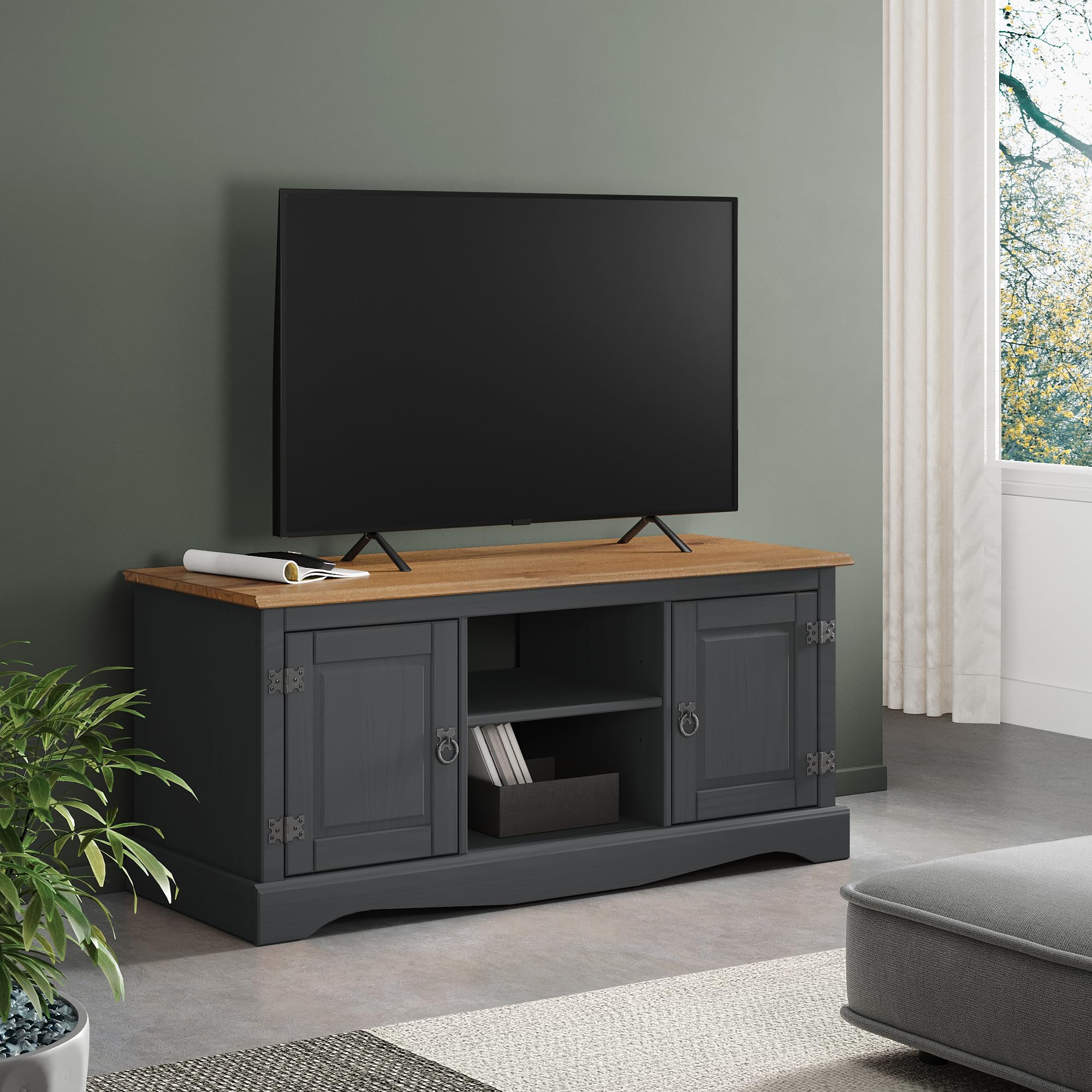Corona Charcoal 2 Door Media TV Unit Solid Wood Pine Wooden Painted Dark Grey Television Stand Living Room Entertainment Cupboard 52cm High 115cm Wide 40cm Deep