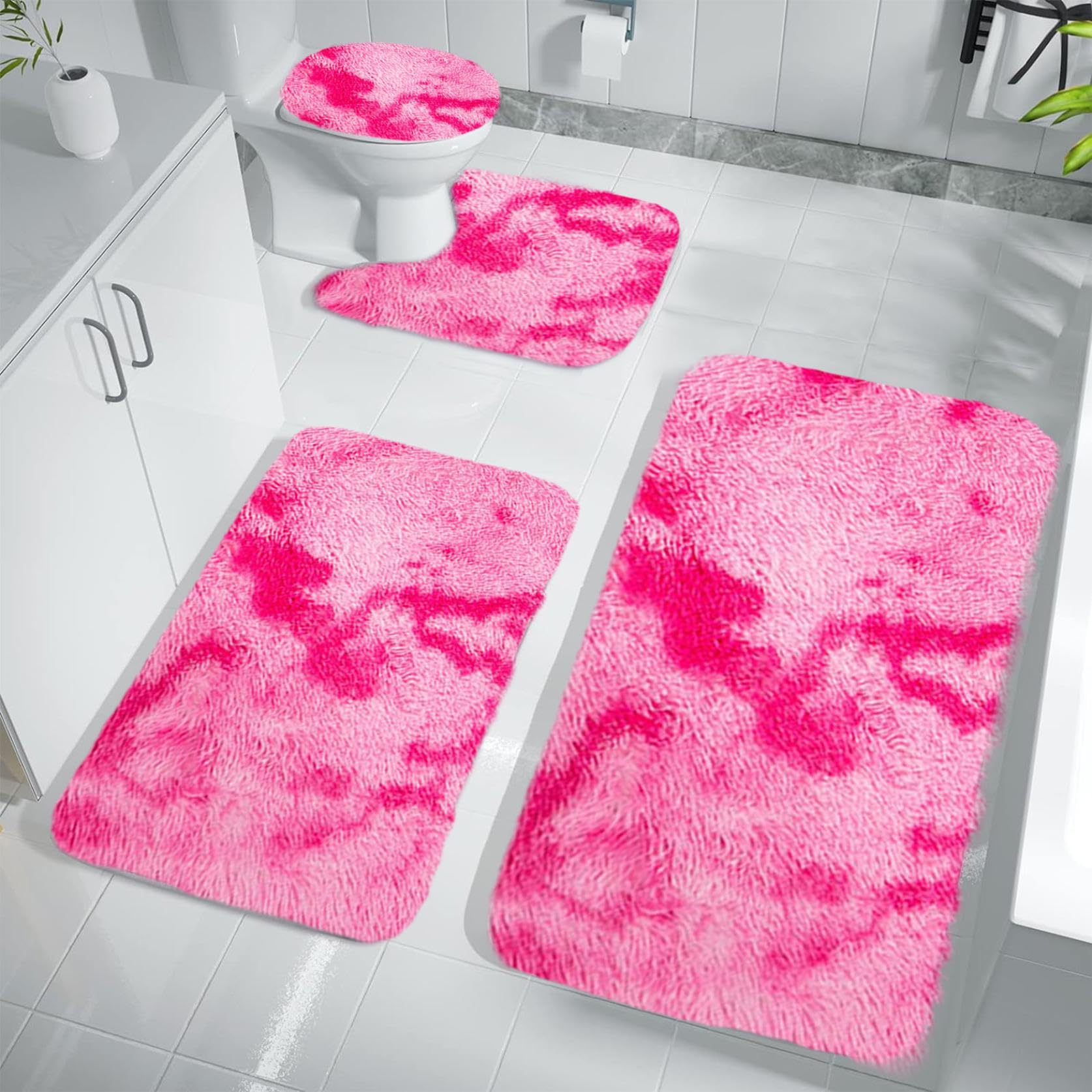 Bath Mat Set 4 Piece - Thick Bathroom Rug Soft Bath Mat For Bathroom Non Slip Machine Washable Toilet Carpet Microfiber Absorbent Bath Rug For Bath Room, Shower, Bathtub (X-Pink4PCS)