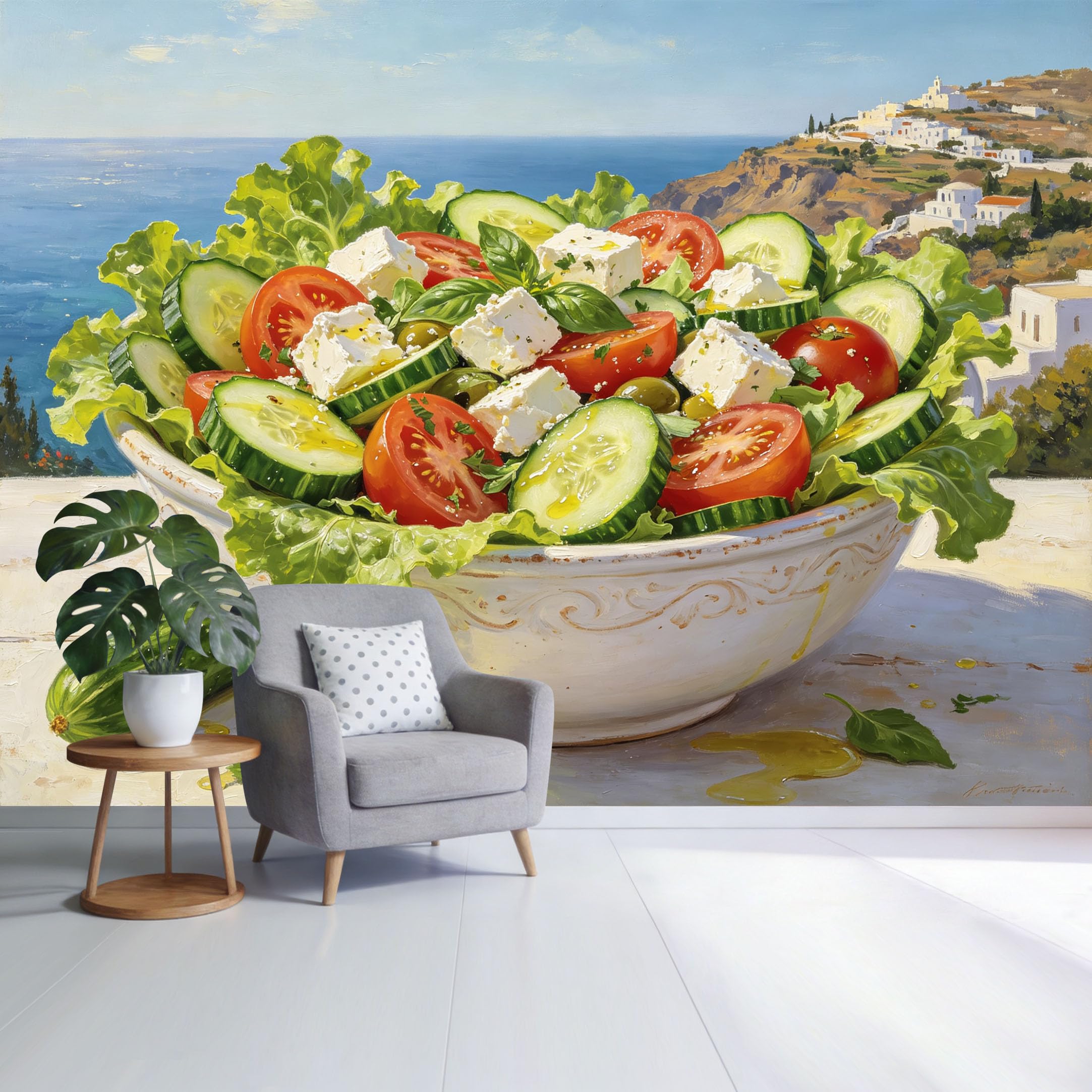 Custom Size Wall Mural Mediterranean Coastal Greek Salad Bowl with Feta Tomatoes Cucumbers Ocean View Oil Painting Style SelfAdhesive Wall Fabric Removable Wallpaper for Home Office Decor