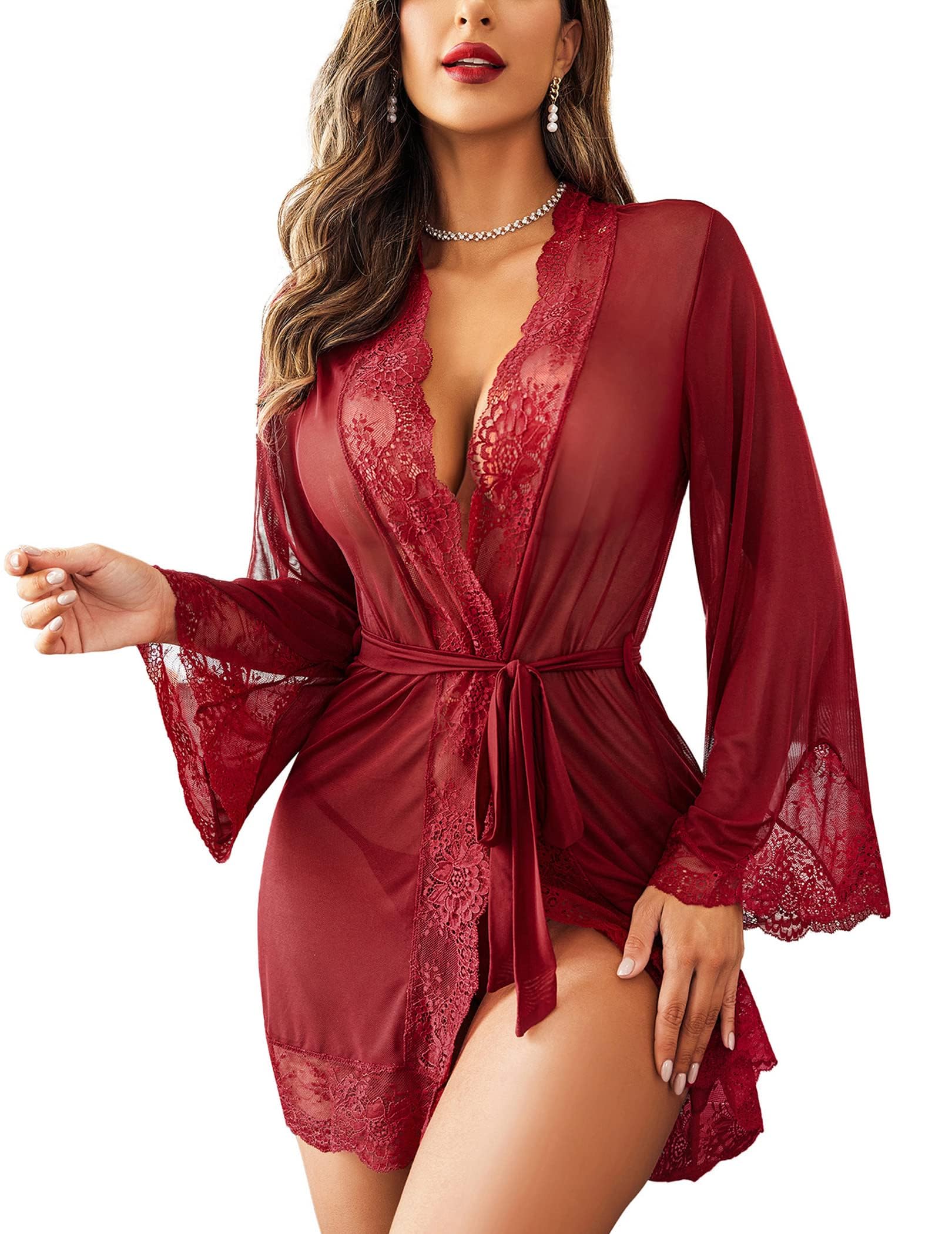 Women Lace Kimono Robe Babydoll Lingerie Mesh Chemise Nightgown Cover Up Robe with Panty