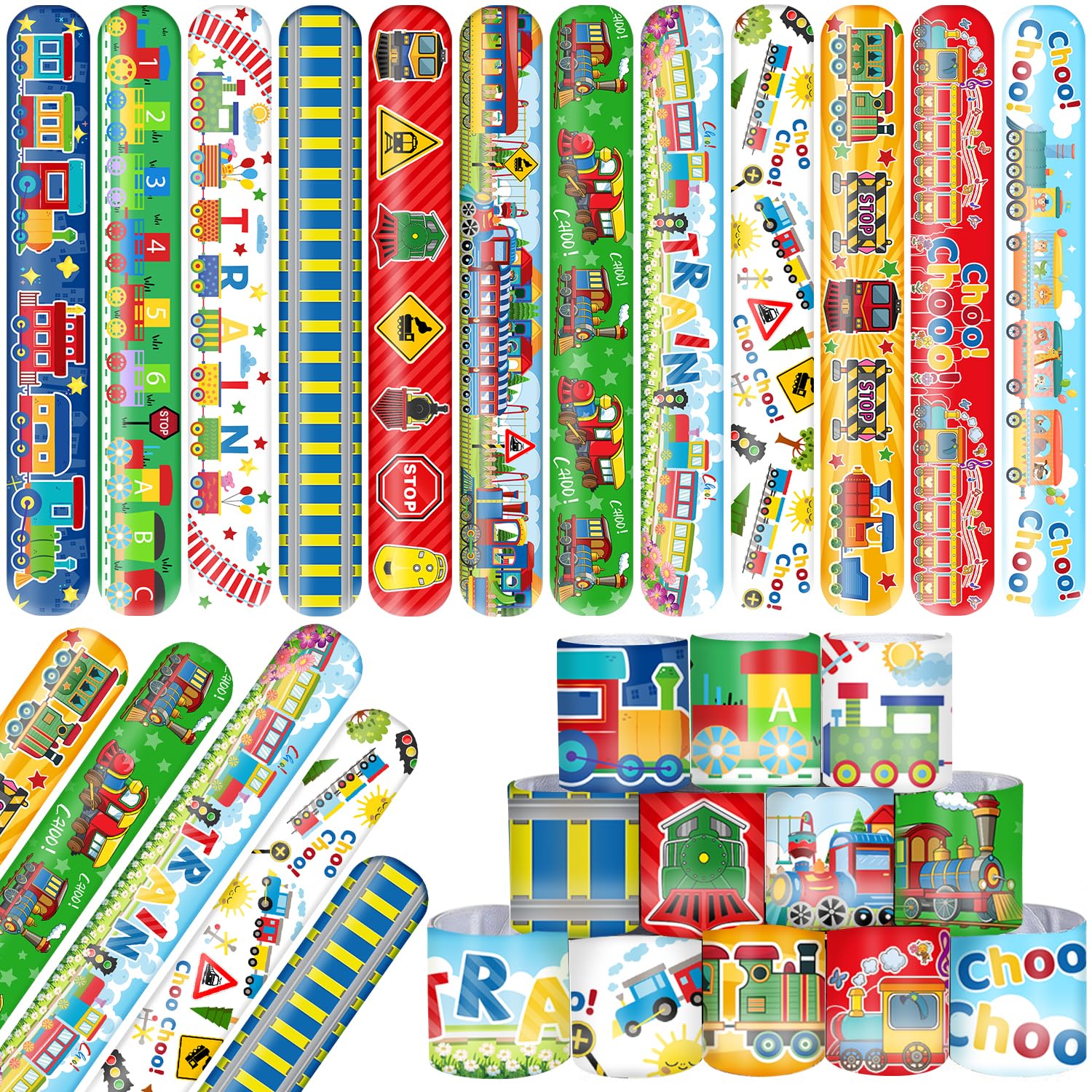 48 PCS Train Slap Bracelets Party Favors Train Wristbands Bracelets Goodie Bag Fillers for Train Birthday Decorations Supplies for Class Reward Prizes
