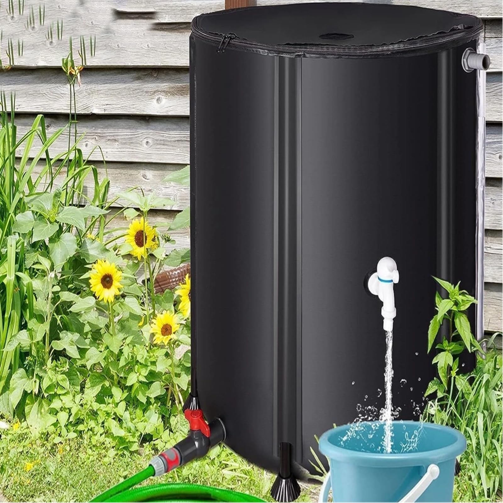 Beczki na deszczówkę, Składany do przechowywania. Górna pokrywa z siatką filtrującą(Black,50L)