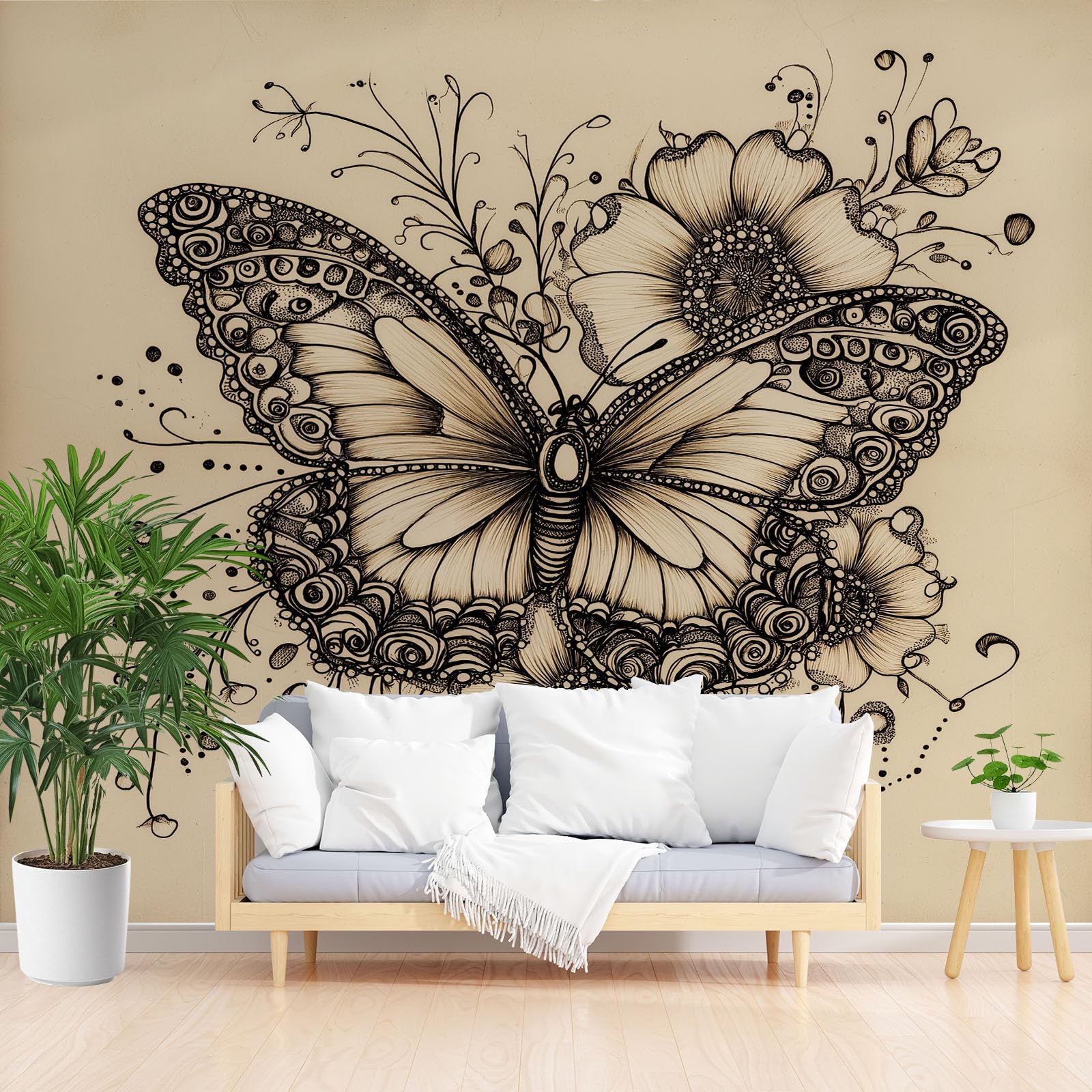 Papier peint panoramique 3D motif floral dessiné main avec insectes et papillons 250x175 cm
