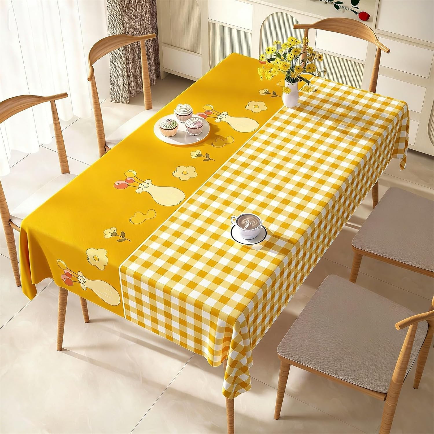 KIJyfgTR Rectangular Tablecloth With A Checked Floral Pattern Kitchen Worktop Decoration(Yellow,140x260cm)