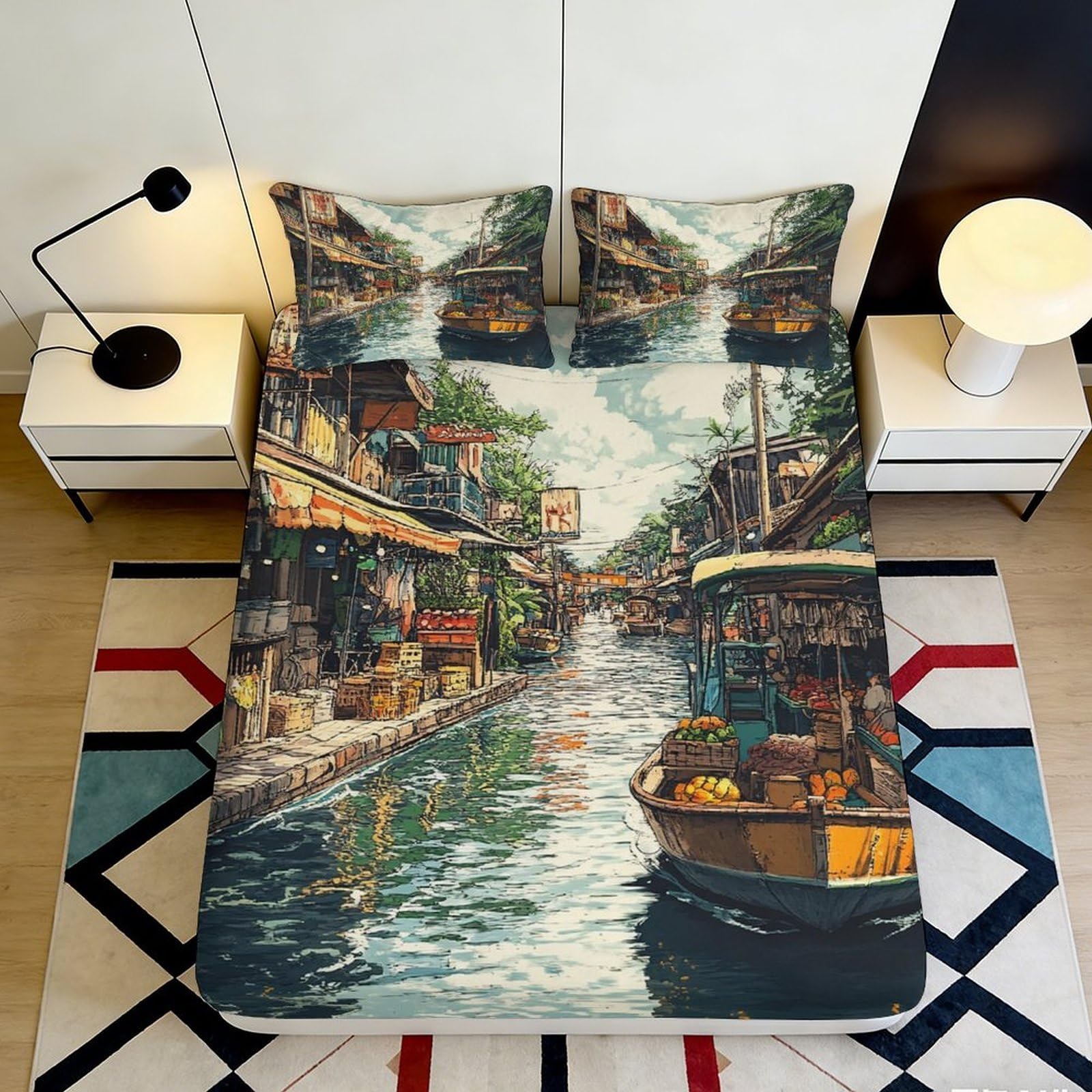 3D Printed Canal View Fitted Sheet Microfiber Soft Breathable Riverside Scene Mattress Cover for Bedroom Decor 90x200x25cm