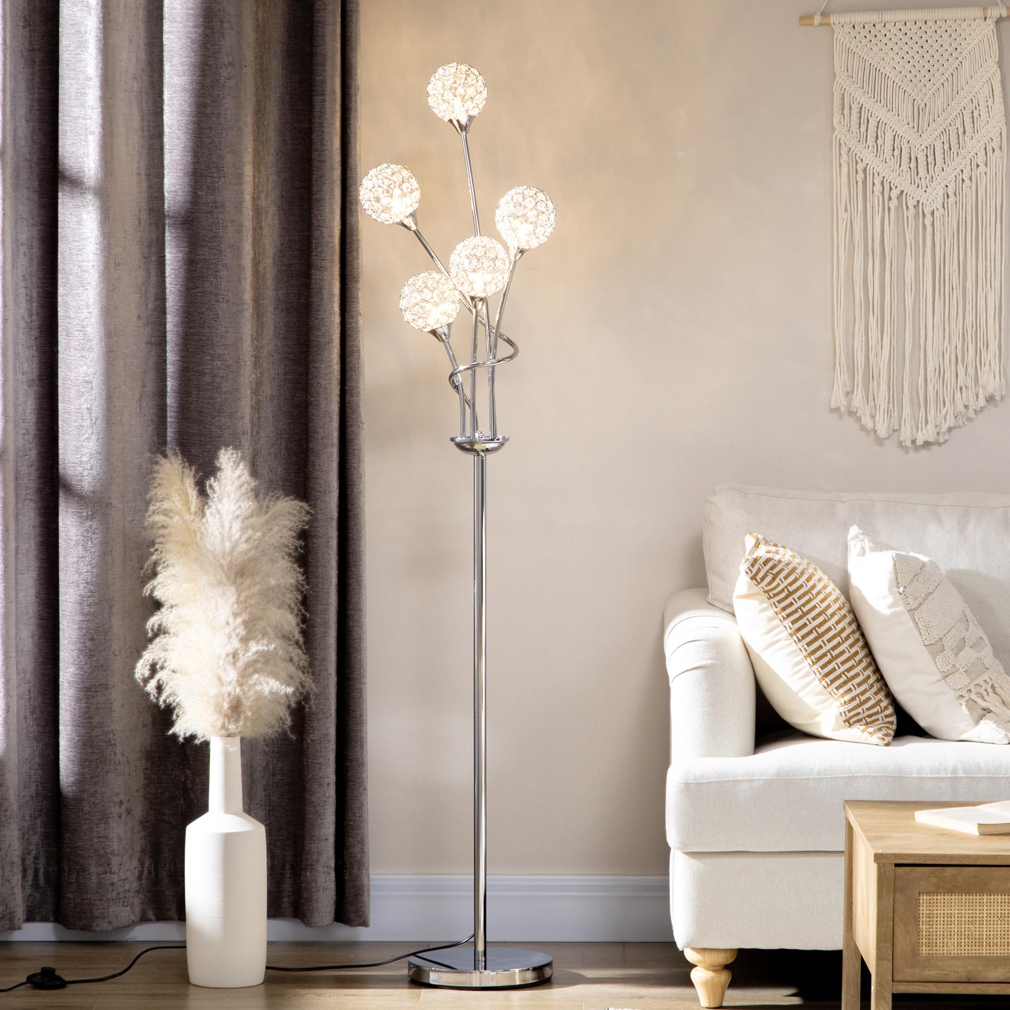 HOMCOM 5-Light Upright Floor Lamps for Living Room with Acrylic Lampshade, Modern Standing Lamp for Bedroom, Bulb not Included, Silver