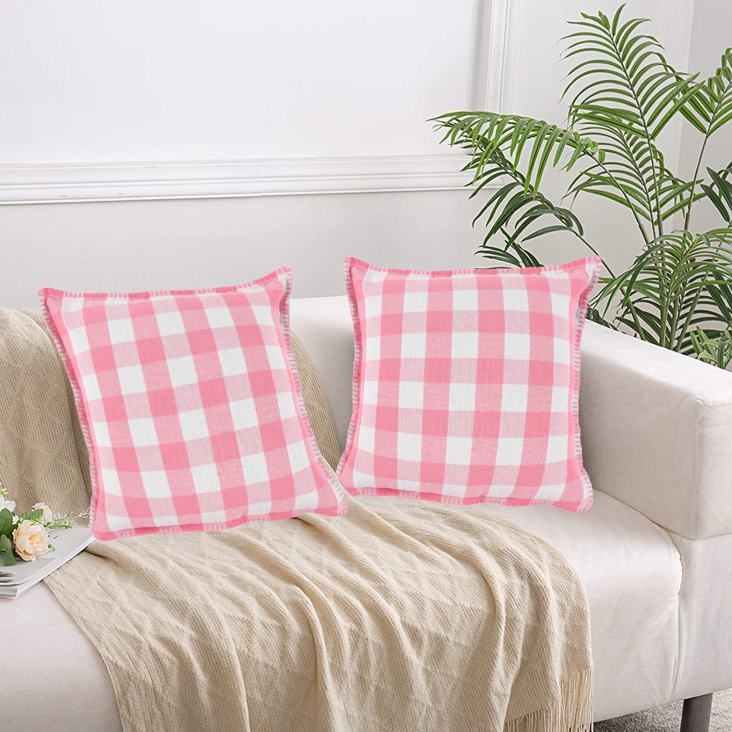 Lushomes Square Cushion Cover with Blanket Stitch, Cotton Sofa Pillow Cover Set of 2, Big Checks, Pillow Cushions Covers (Pack of 2) (20x20 Inch, Beige) (B0CKNBCBH5) Amazon Price History, Amazon Price Tracker