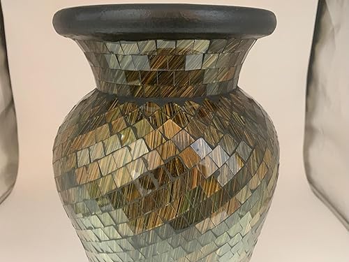 Miniatura 6 de Jarrón de mosaico de 18 pulgadas, cilindro alto hecho de terracota con piezas de mosaico de vidrio marrón, negro y verde oliva, pieza decorativa