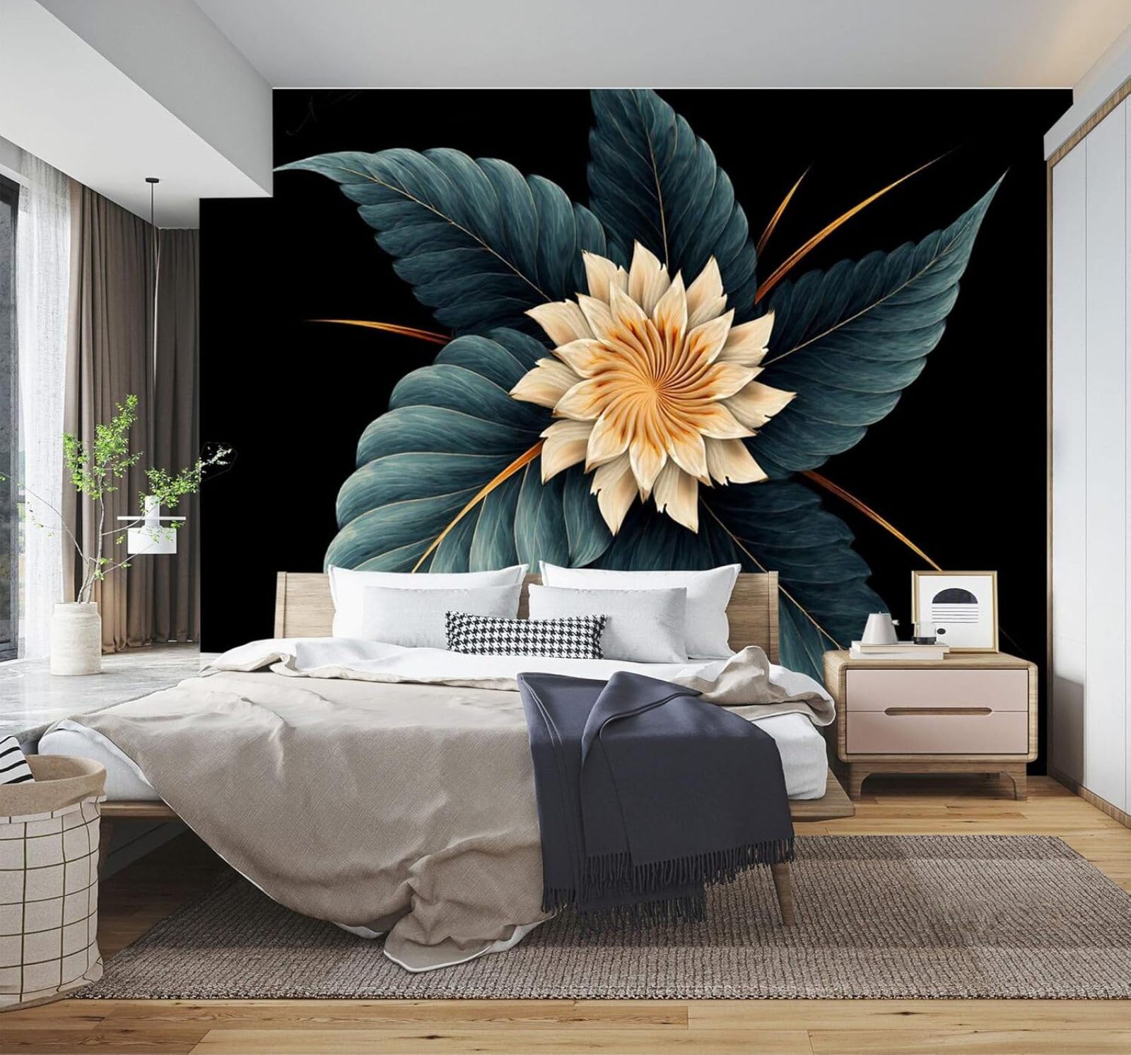 3D Papel Pintado Tridimensional Flores De Color Beige Hojas Azules Negro