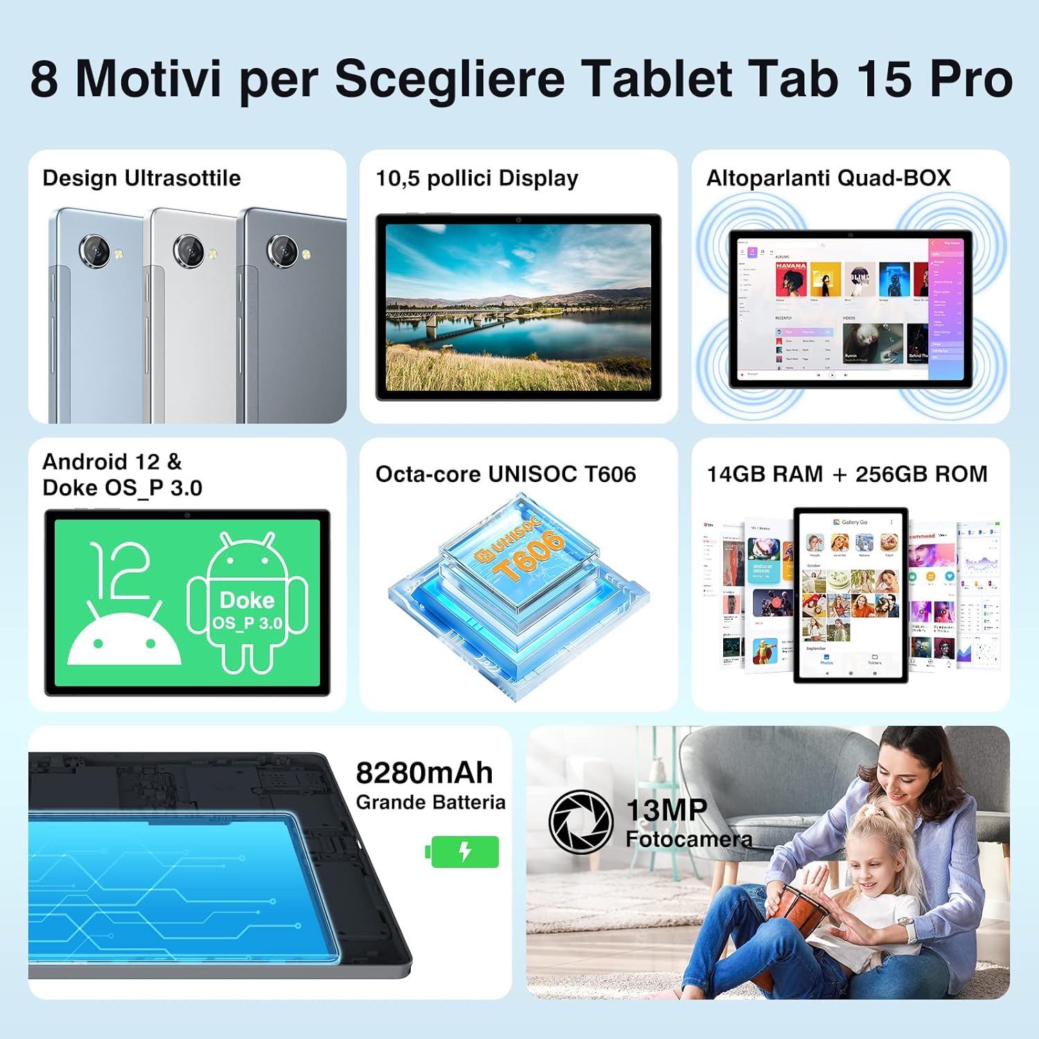 Blackview Tab 15 Pro Android 12 Tablet 10,5 Pollici 8GB+256GB (TF 1TB),Widevine L1,8280mAh,5G WiFi+4G LTE,Octa-Core,13MP+8MP,1920 * 1200 FHD+,4 Speaker,Dual SIM/OTG/3,5mm Headphone Jack/GPS/BT5