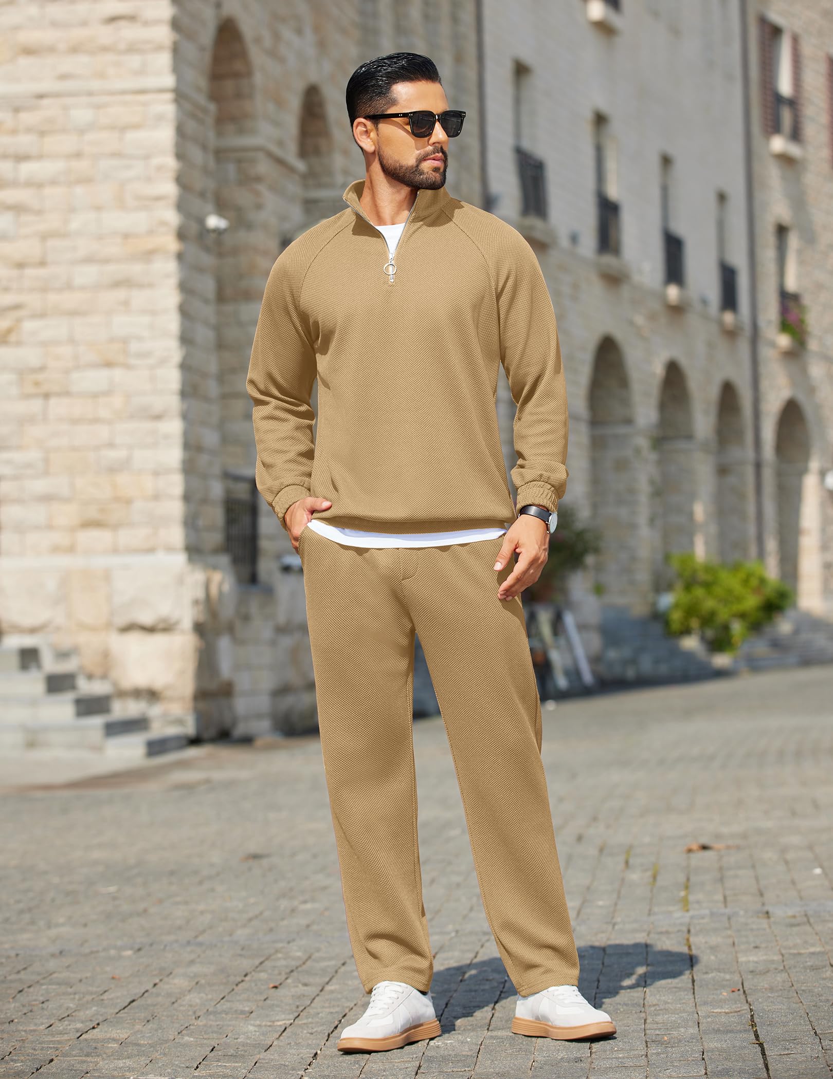 COOFANDY Tuta da uomo in 2 pezzi, vestibilità comoda, mezza zip, per atletica, corsa, jogging, set | Tuta sportiva sportiva, tessuto jacquard traspirante, per corsa, allenamento, tempo libero, viaggi, aeroporto