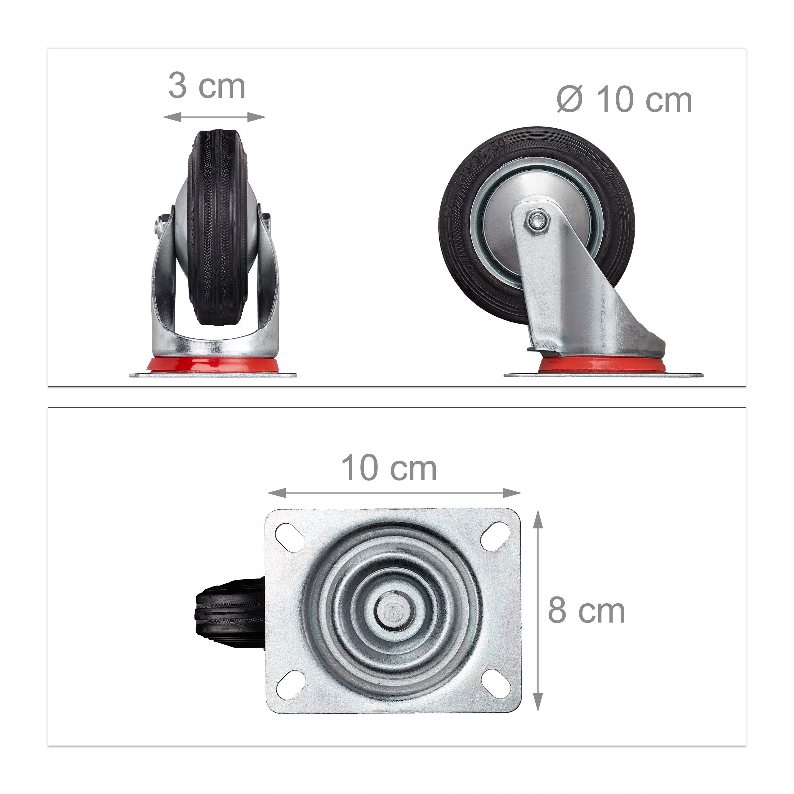 Relaxdays Set 4 Ruedas Cargas Pesadas, Giratorias 360°, Rodamiento Bolas, 2 Rueditas con Freno, máx. 280kg, 100mm, Negro